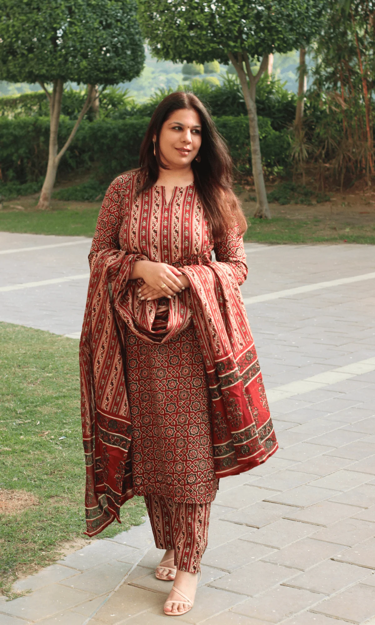 Cotton Red & Black Ajrakh Print Suit With Cotton Dupatta - Image 4