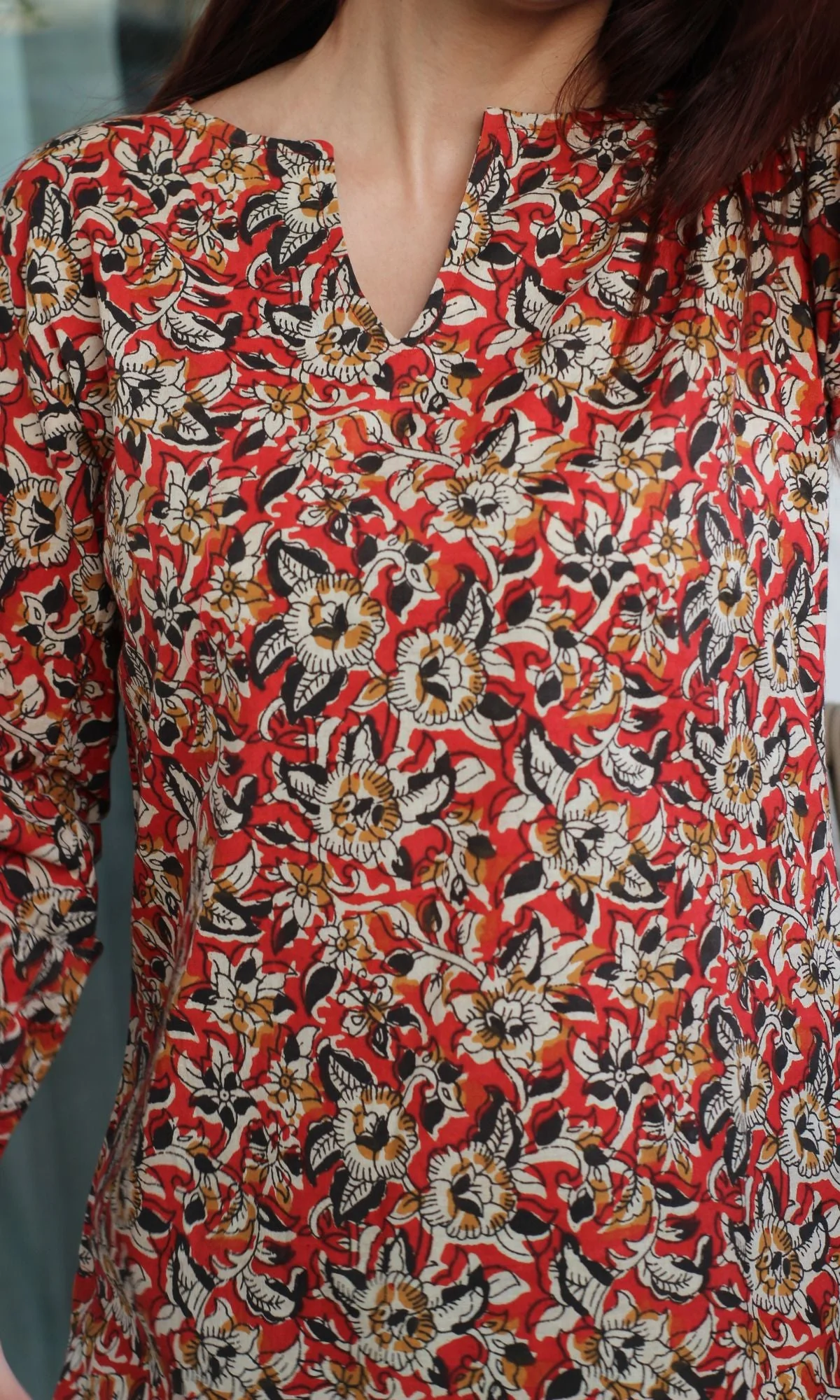Cotton Red & Black Print Kalamkari Short Kurta