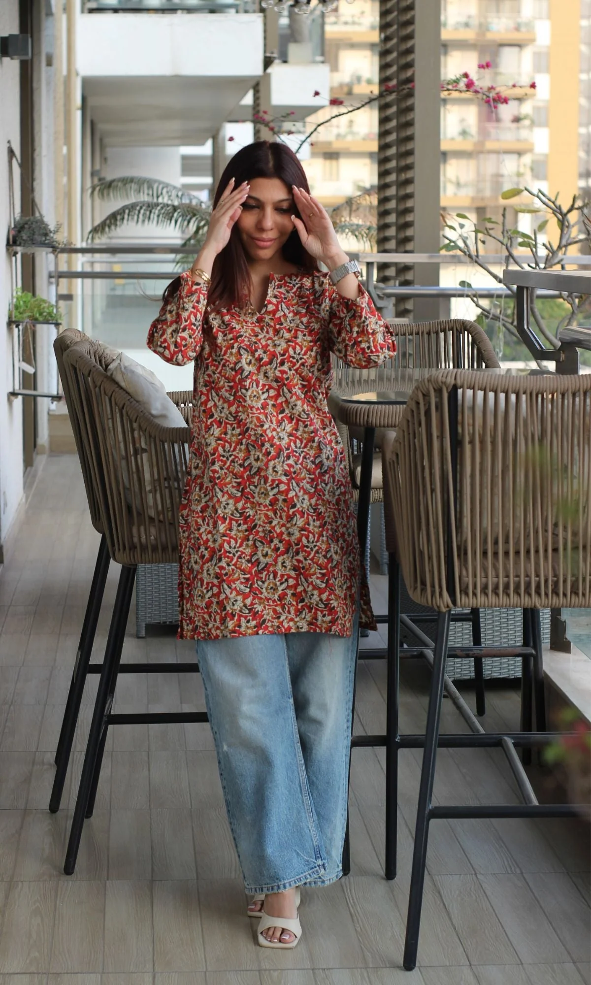 Cotton Red & Black Print Kalamkari Short Kurta - Image 5