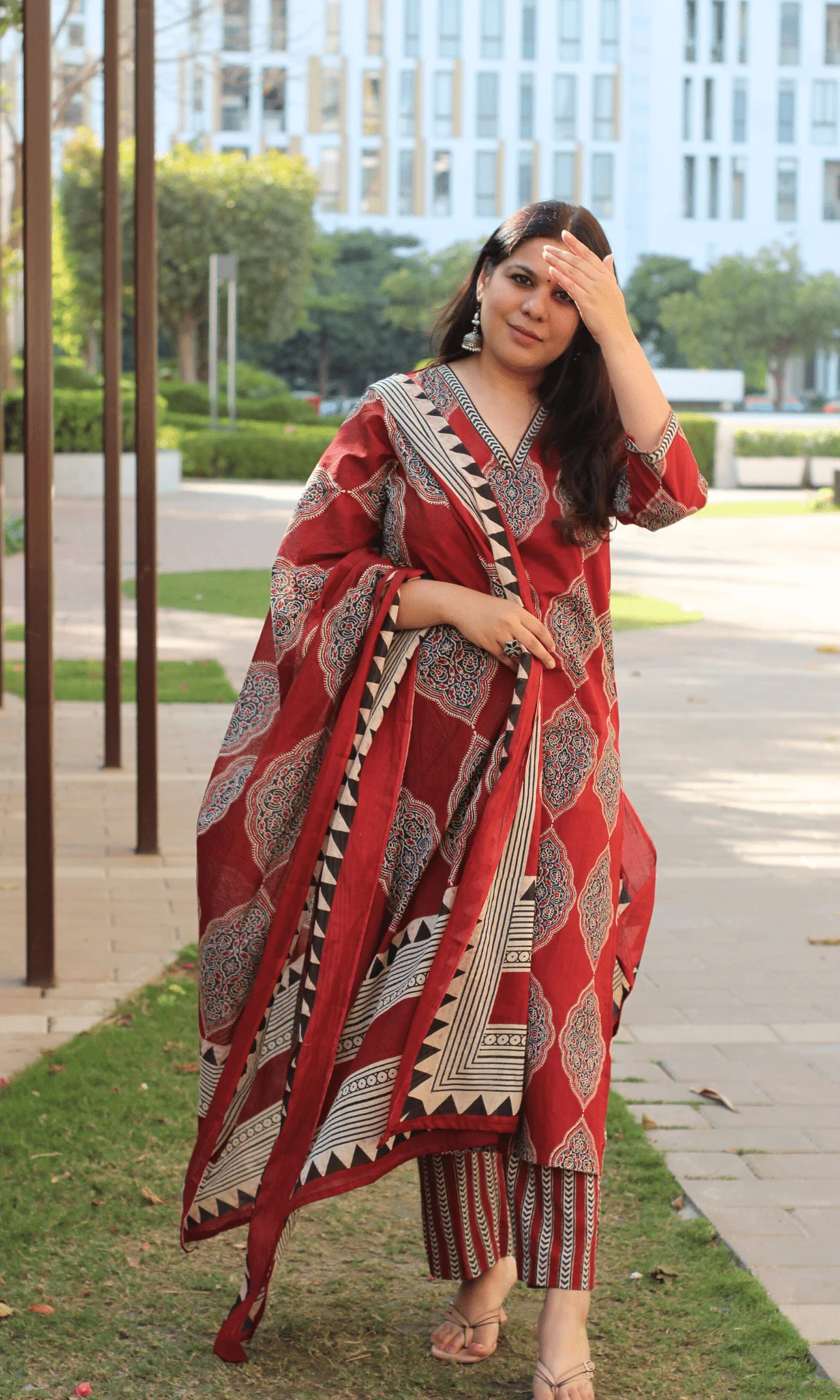 Cotton Red Geometric Ajrakh Print Suit with Cotton Printed Dupatta - Image 4