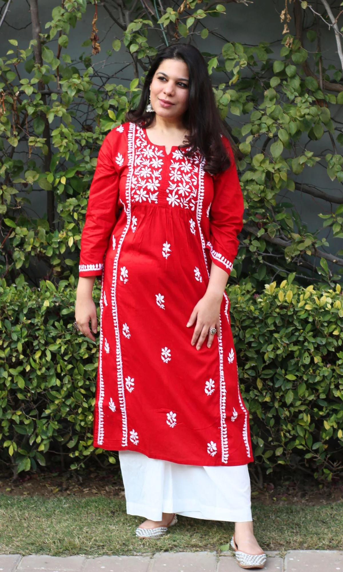 Cotton Red Handwork Chikankari Naira Cut Kurta - Image 3