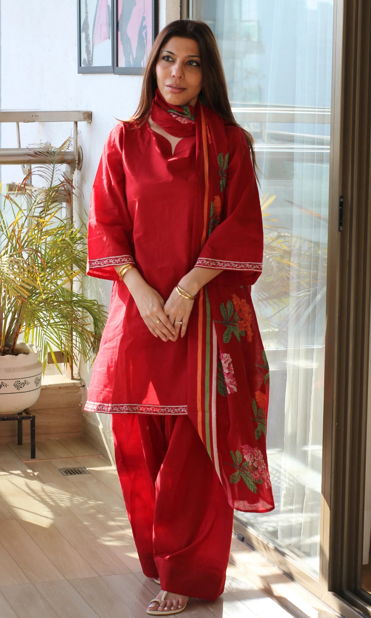 Cotton Red Heena Kurta, Farshi Salwaar & Printed Mul Dupatta - Image 4
