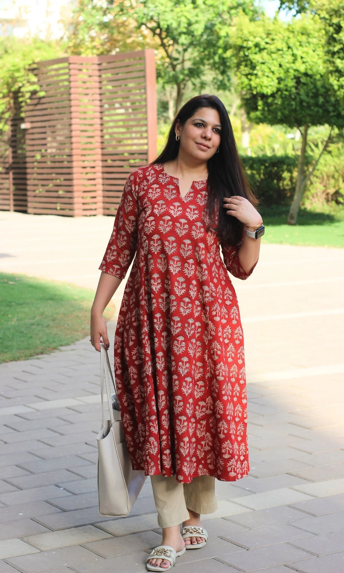 Cotton Red Ajrakh Print Kali Kurta - Image 2