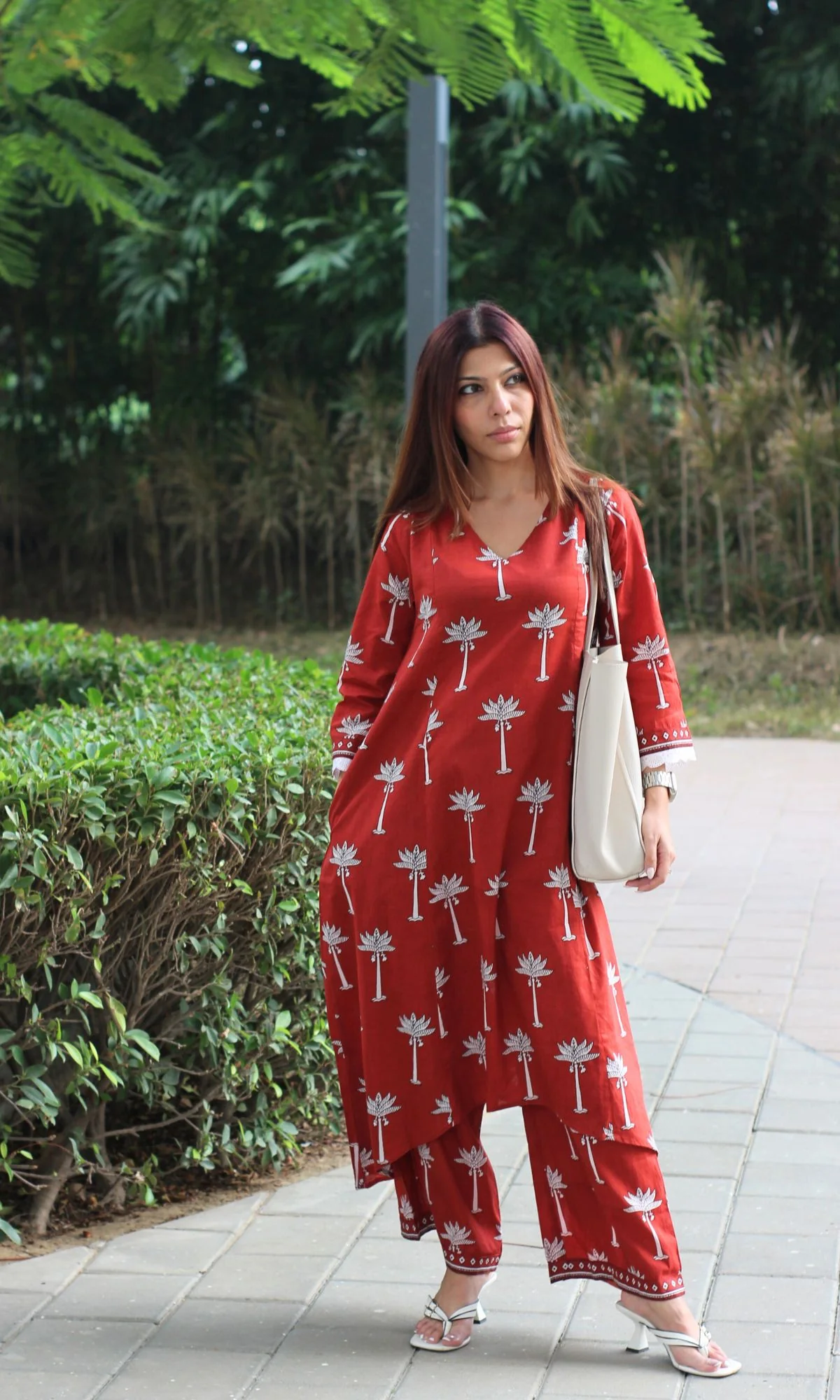 Cotton Red Palm Print High Low Kurta and Palazzo Coord Set - Image 2