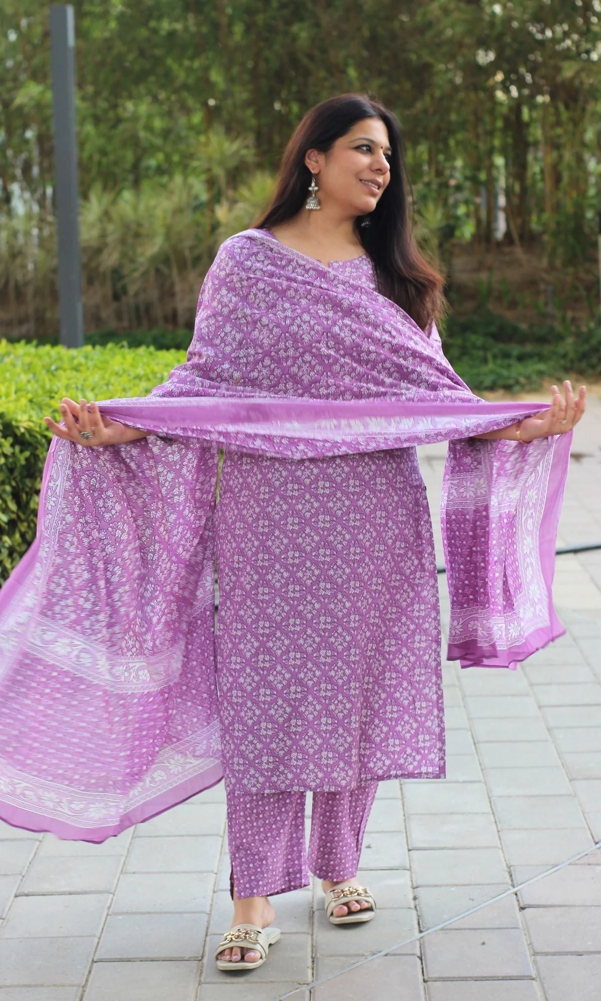 Cotton Block Print Orchid Suit Set with Printed Cotton Dupatta - Image 4