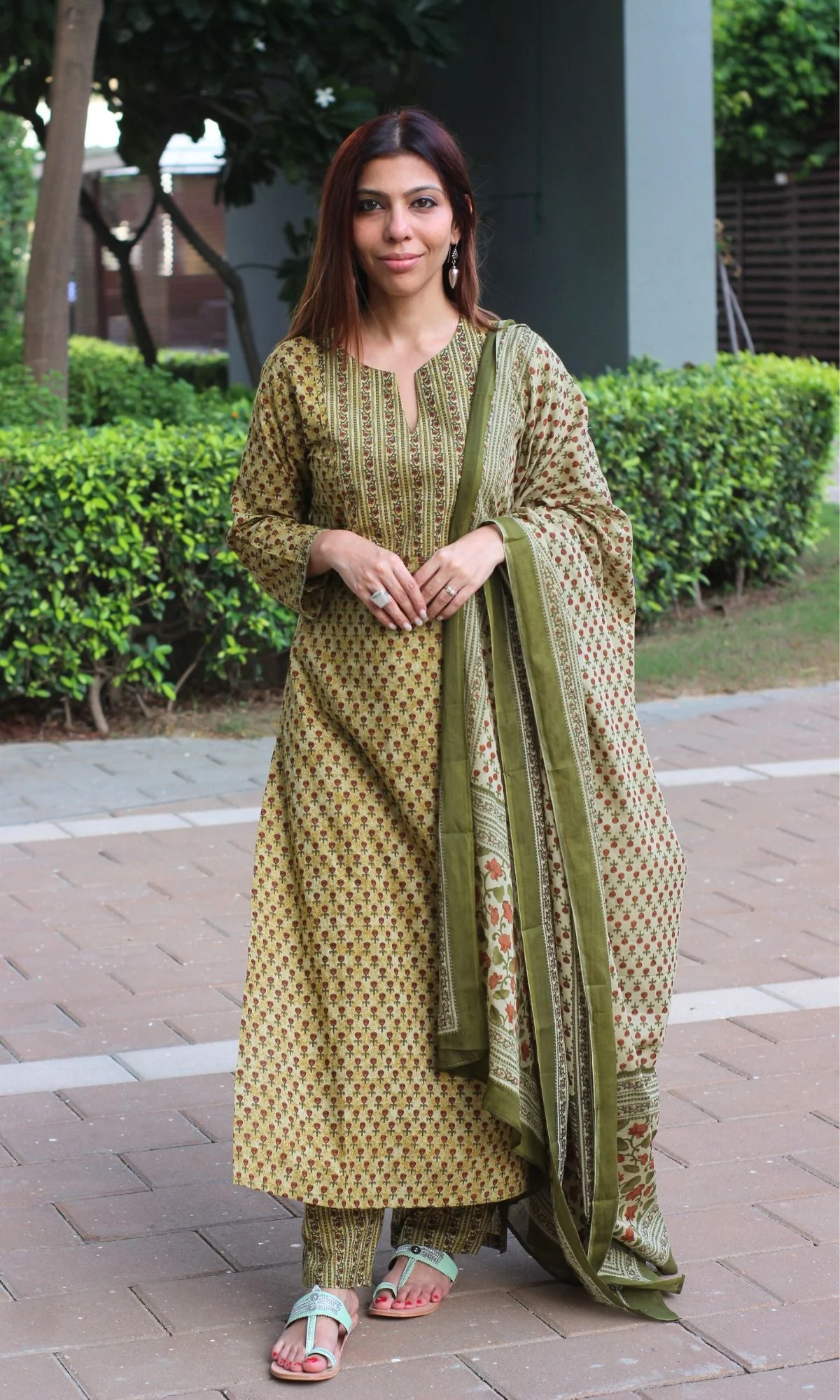 Cotton Asparagus Printed Suit Set with Cotton Printed Dupatta - Image 2