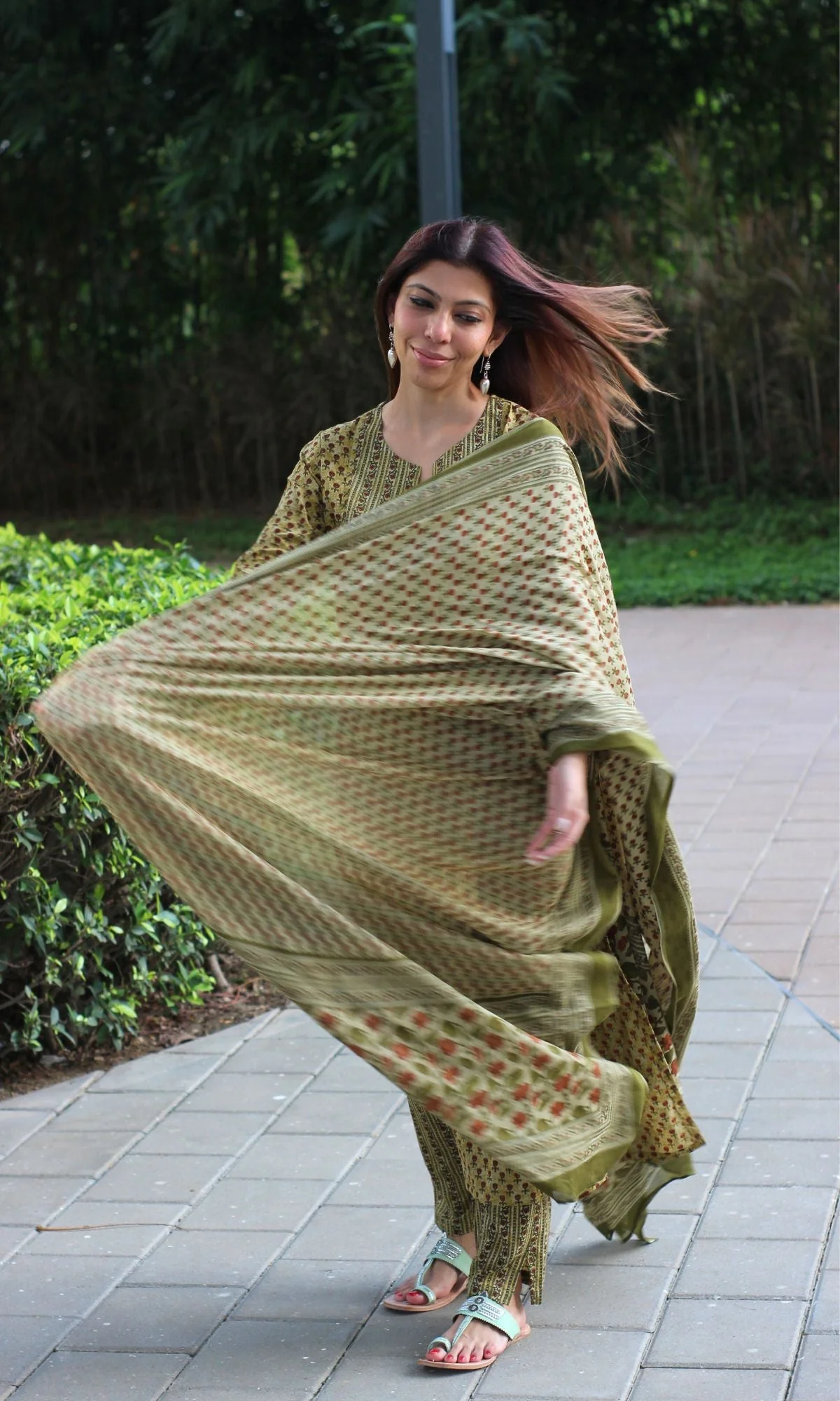 Cotton Asparagus Printed Suit Set with Cotton Printed Dupatta - Image 3