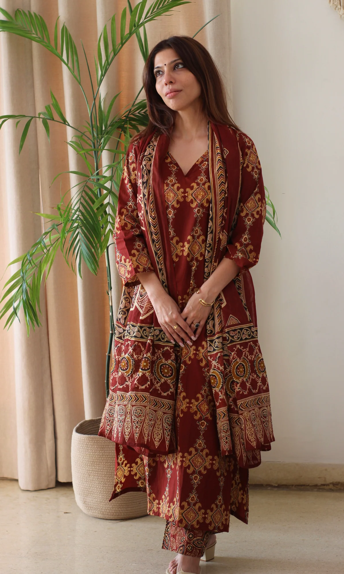 Cotton Red & Yellow Ajrakh Print Kurta, Pant & Printed dupatta - Image 4