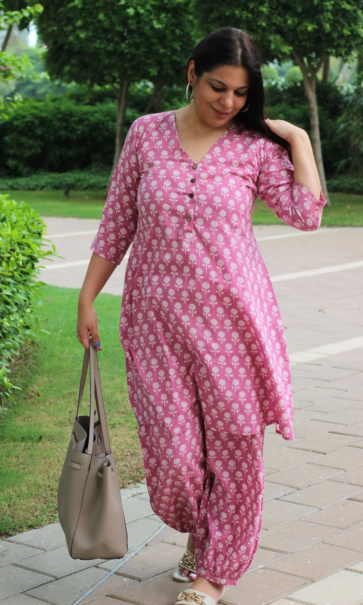 Cotton Rose A-line Kurta with Pathani Pants - Image 5