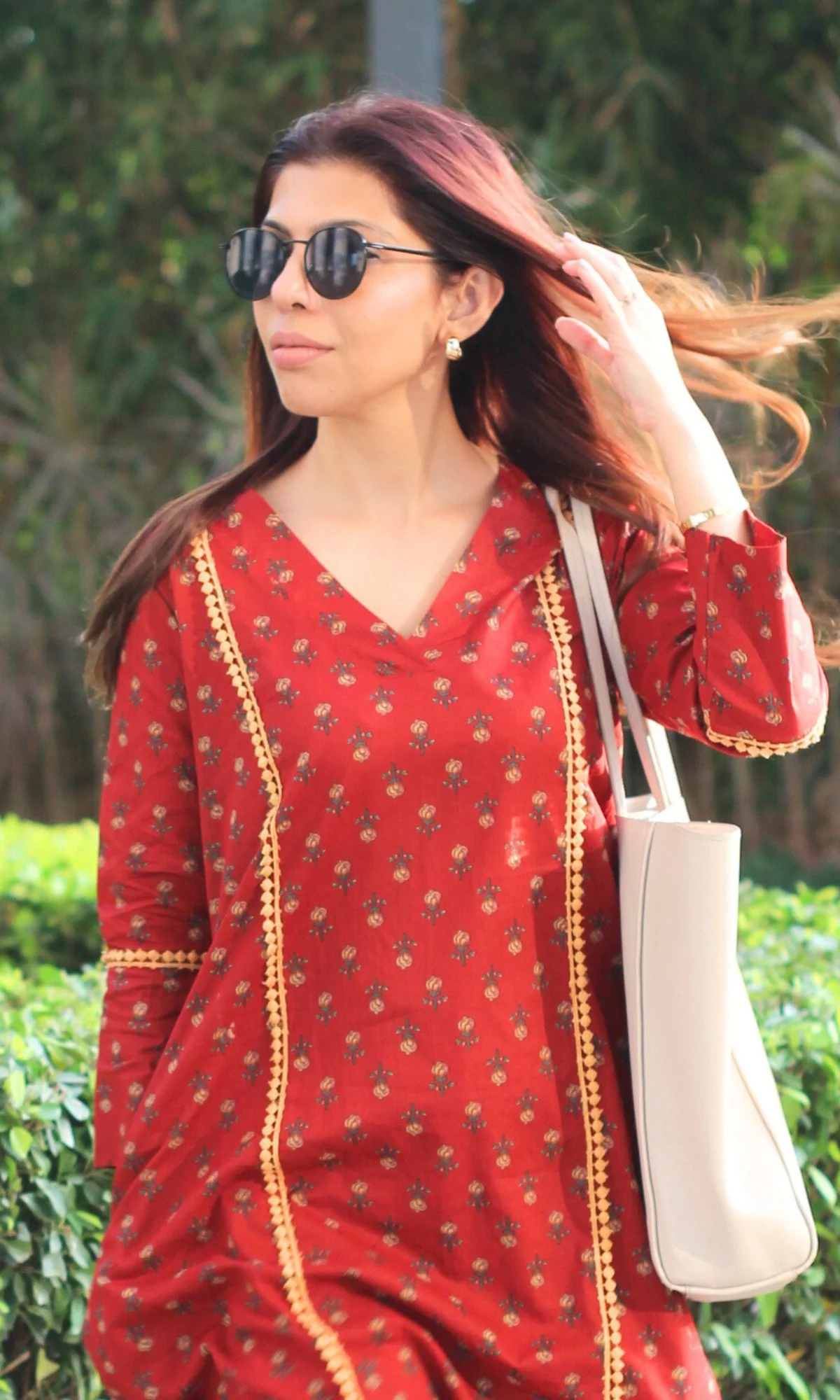 Cotton Rose Red A line Kurta & Pathani Pants - Image 3