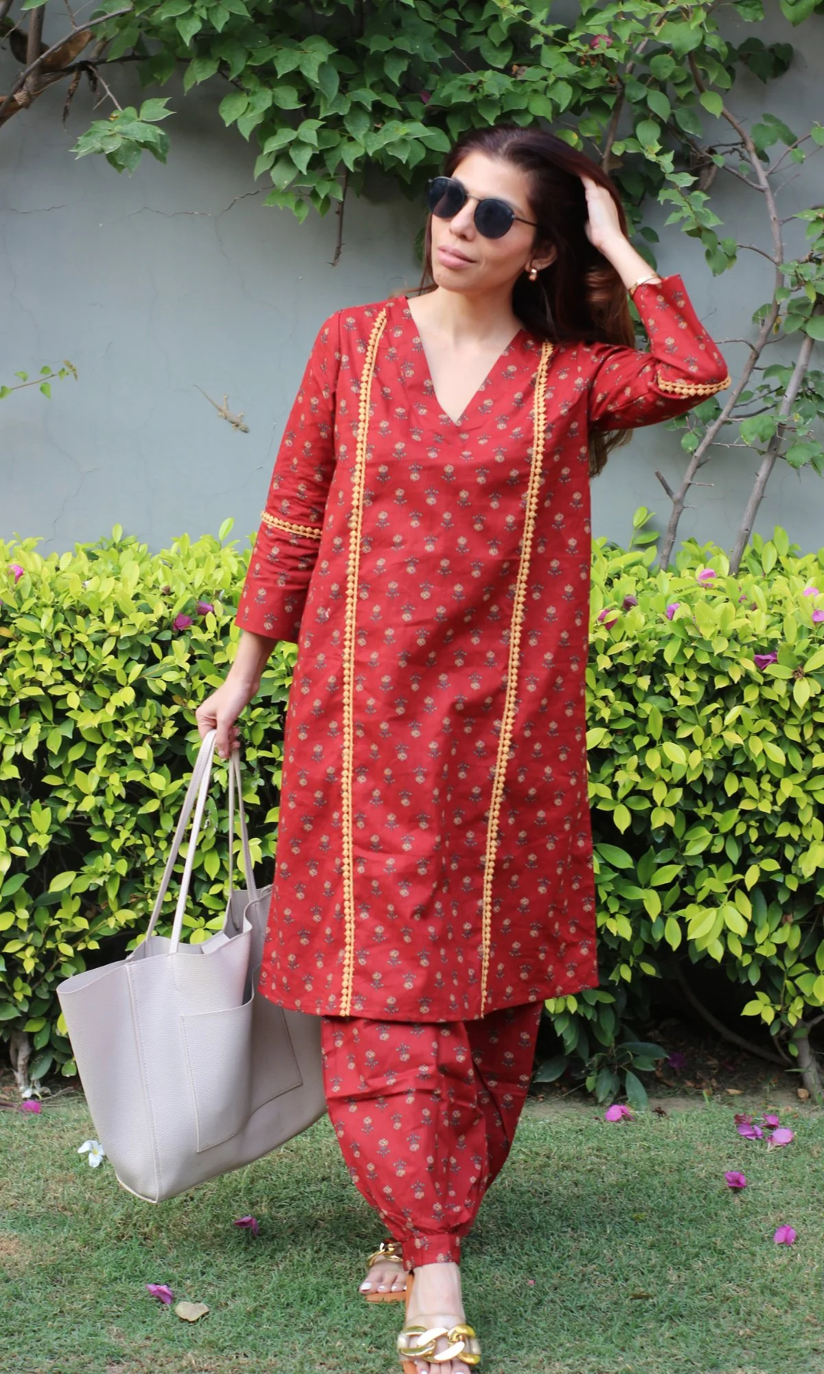 Cotton Rose Red A line Kurta & Pathani Pants - Image 4