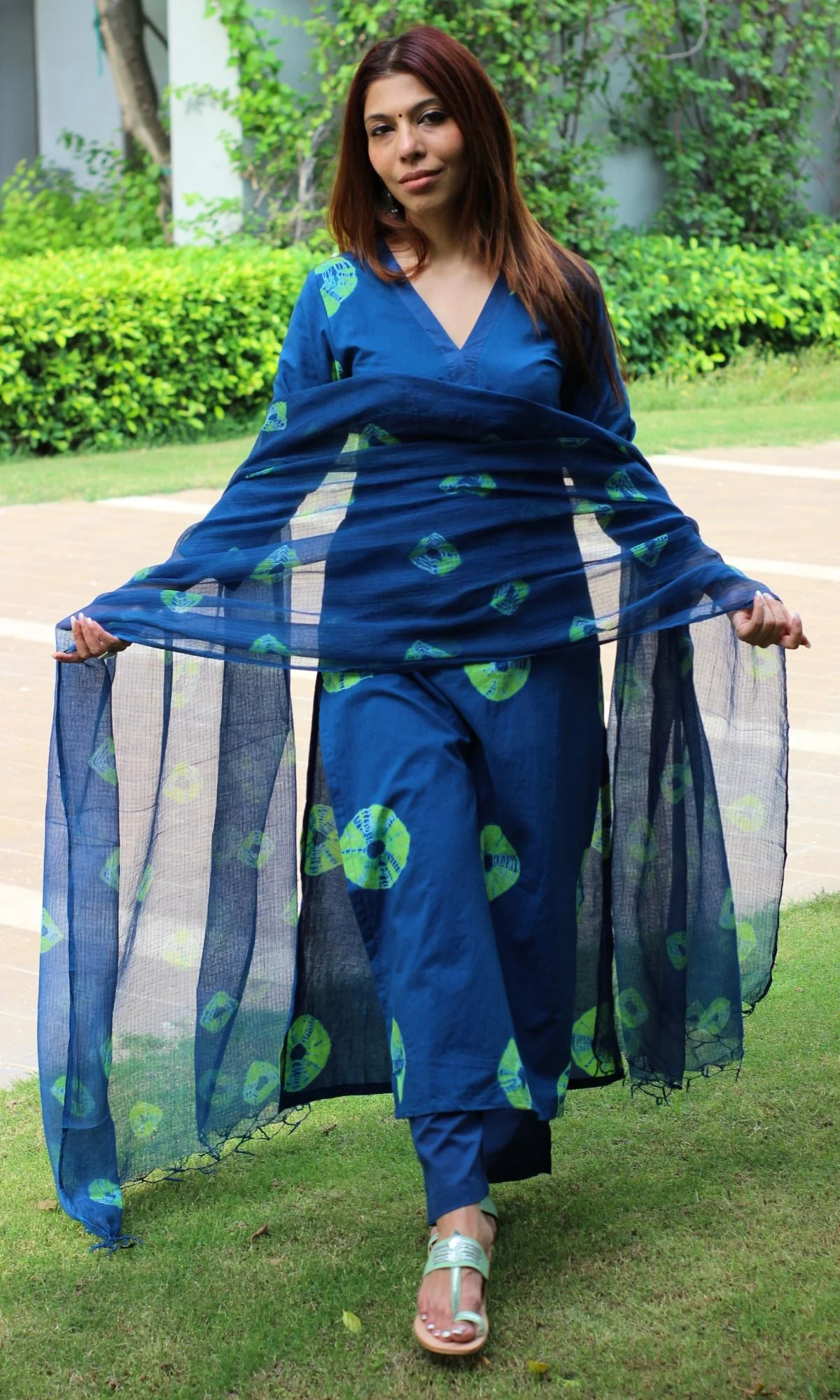 Cotton Royal Blue Shibori Suit Set with Kota Doria dupatta - Image 6