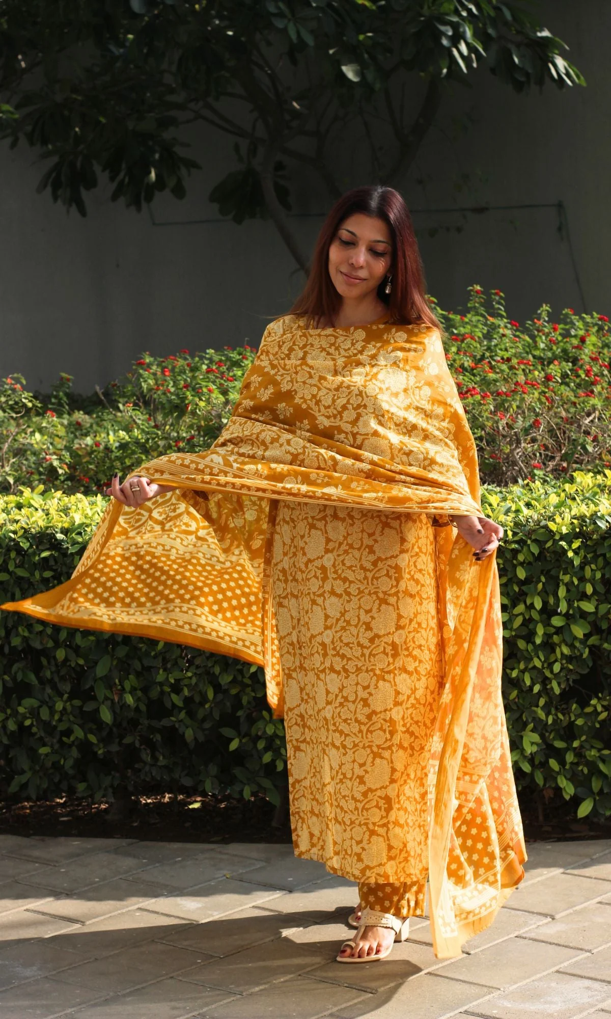 Cotton Saffron Jaal Print Suit with Cotton Printed Dupatta - Image 3
