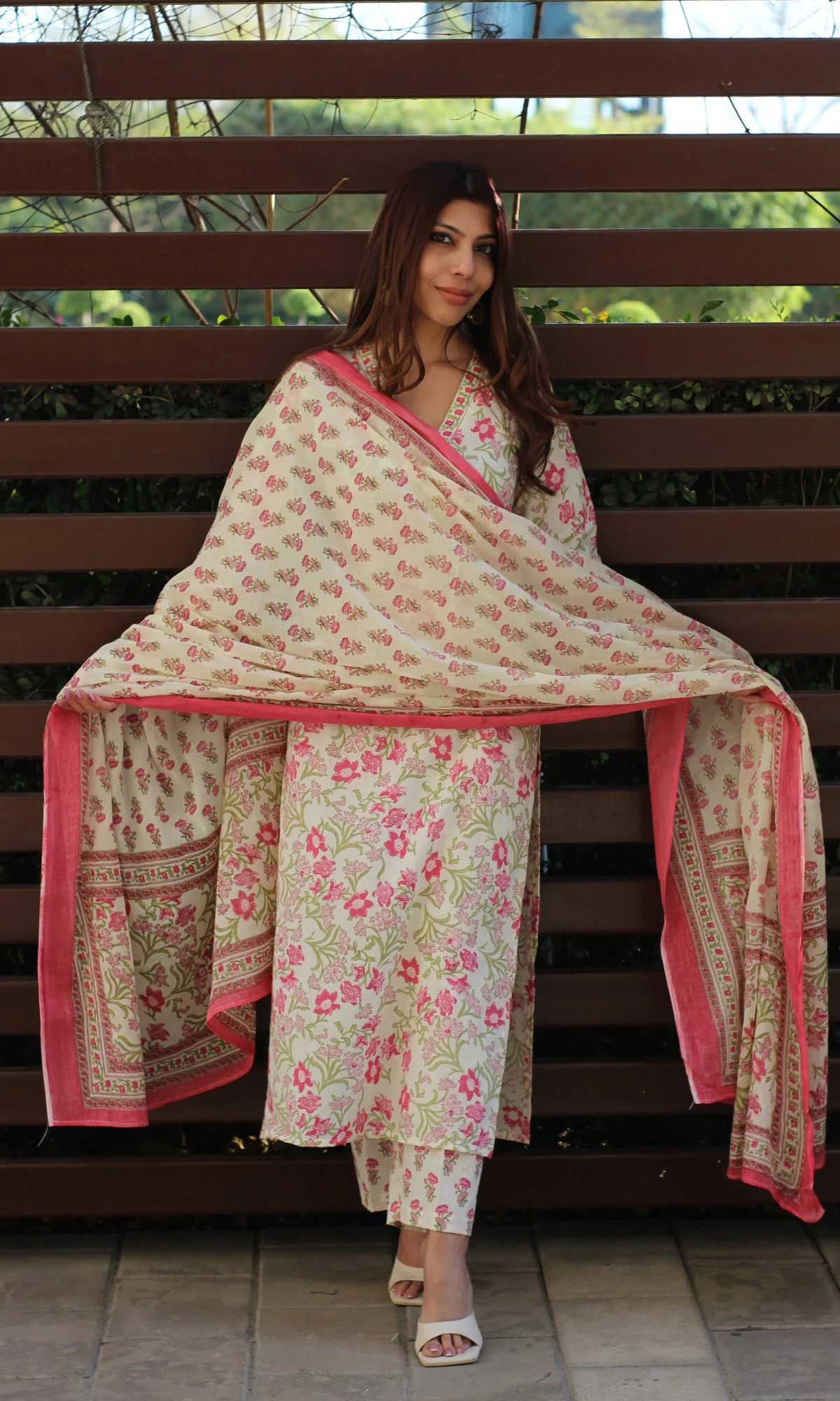 Cotton Sanganeri Off White & Pink Suit Set with Printed Dupatta - Image 5