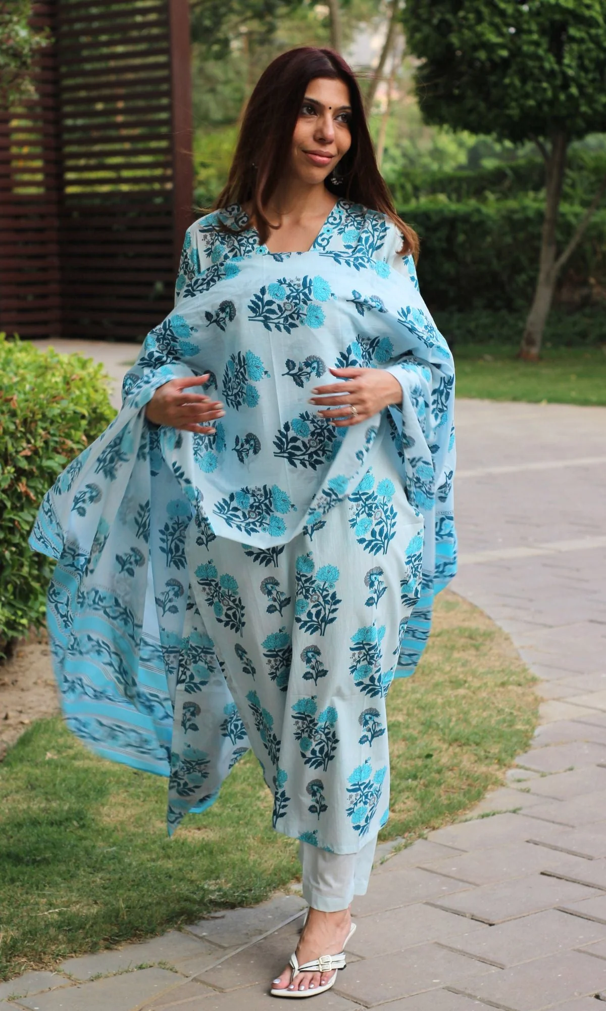 Cotton Sanganeri Powder Blue Suit Set with Cotton Printed Dupatta - Image 3