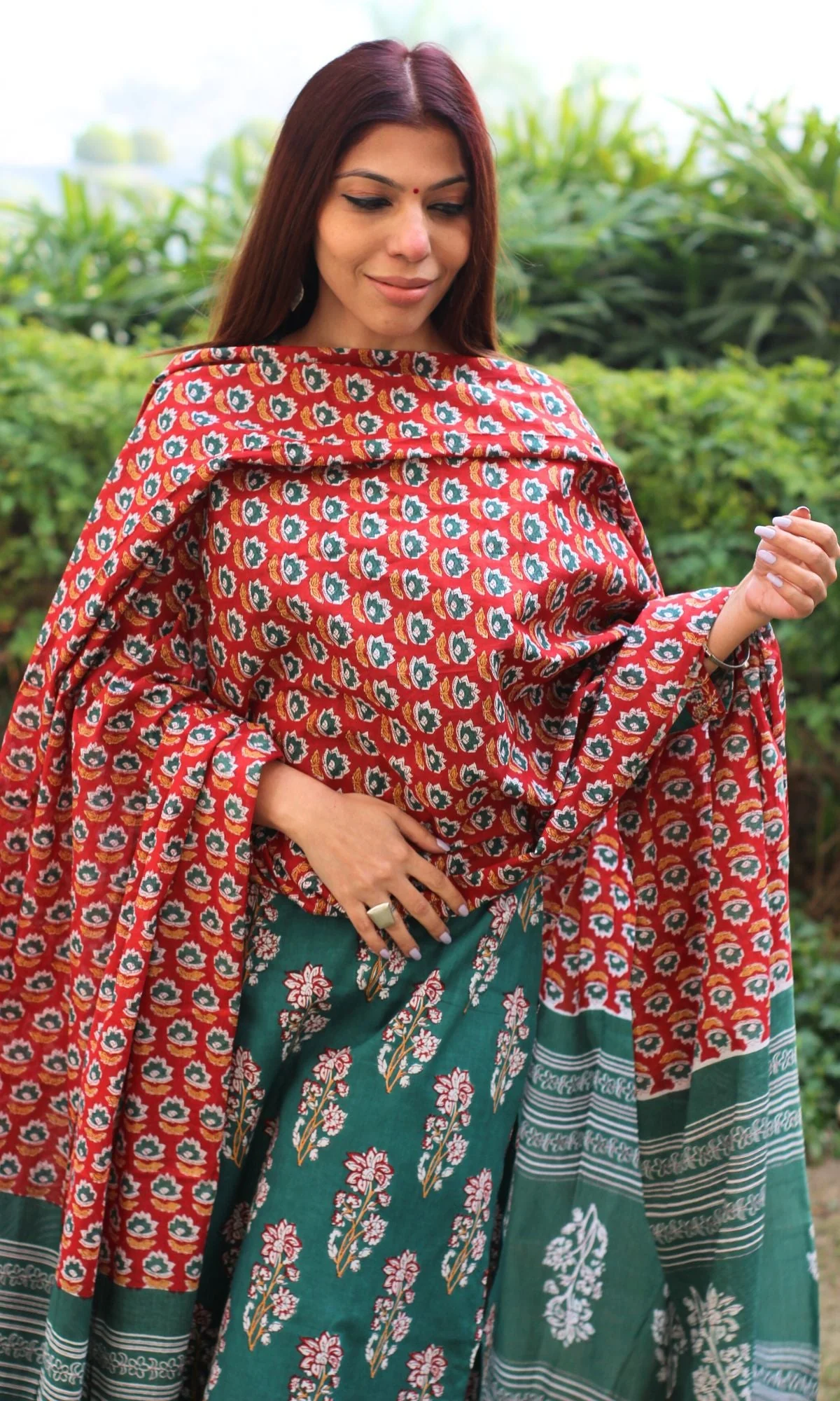 Cotton Sanganeri Print Green Suit Set with Printed Cotton Dupatta - Image 3