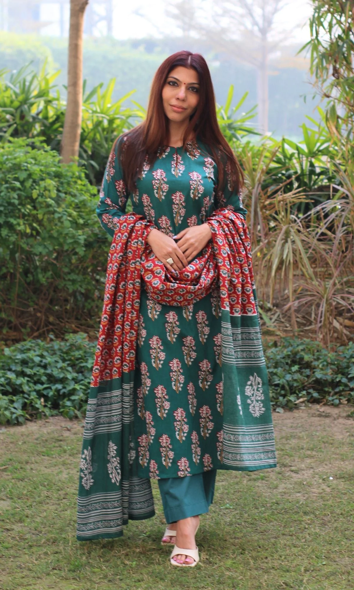 Cotton Sanganeri Print Green Suit Set with Printed Cotton Dupatta - Image 4