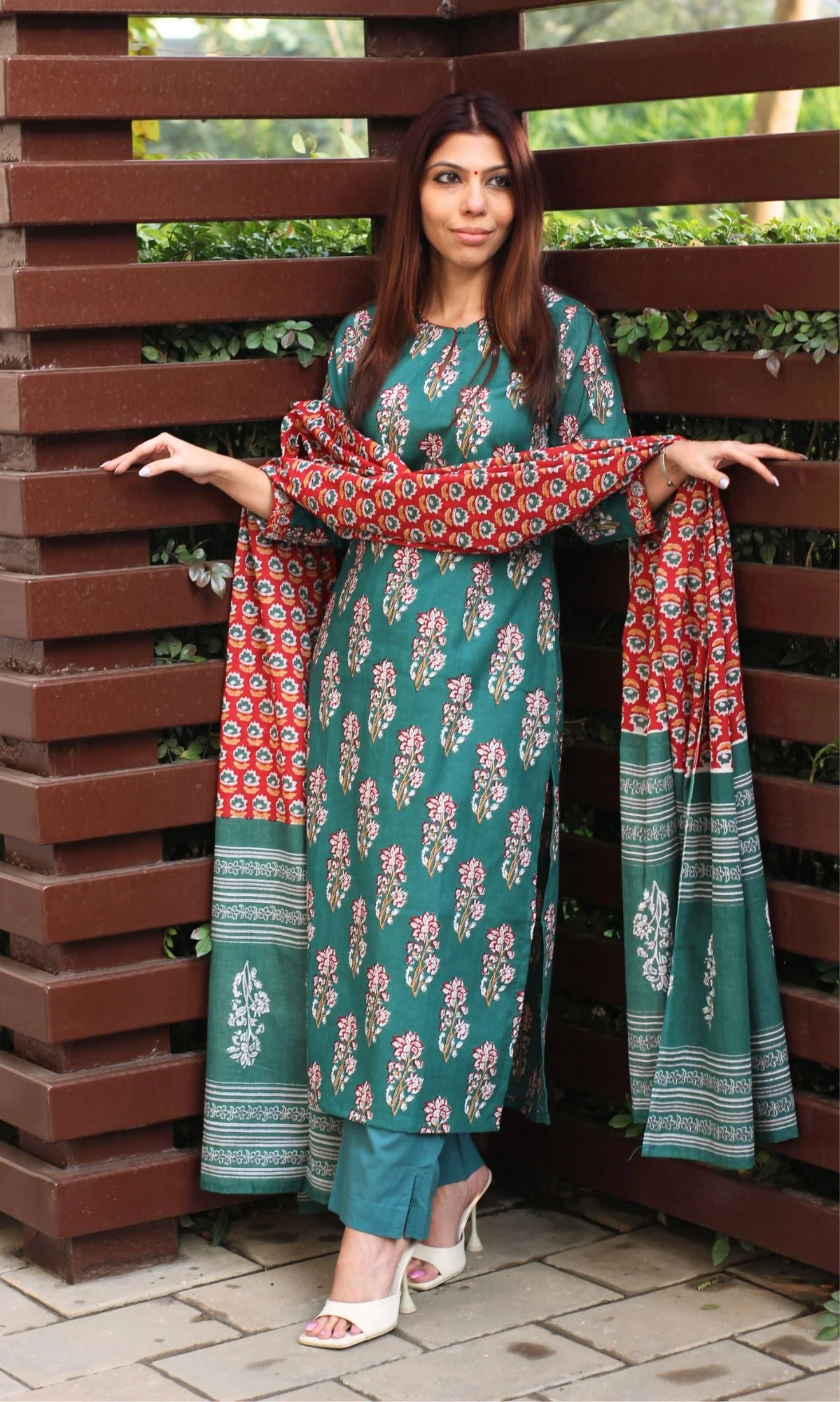 Cotton Sanganeri Print Green Suit Set with Printed Cotton Dupatta - Image 6