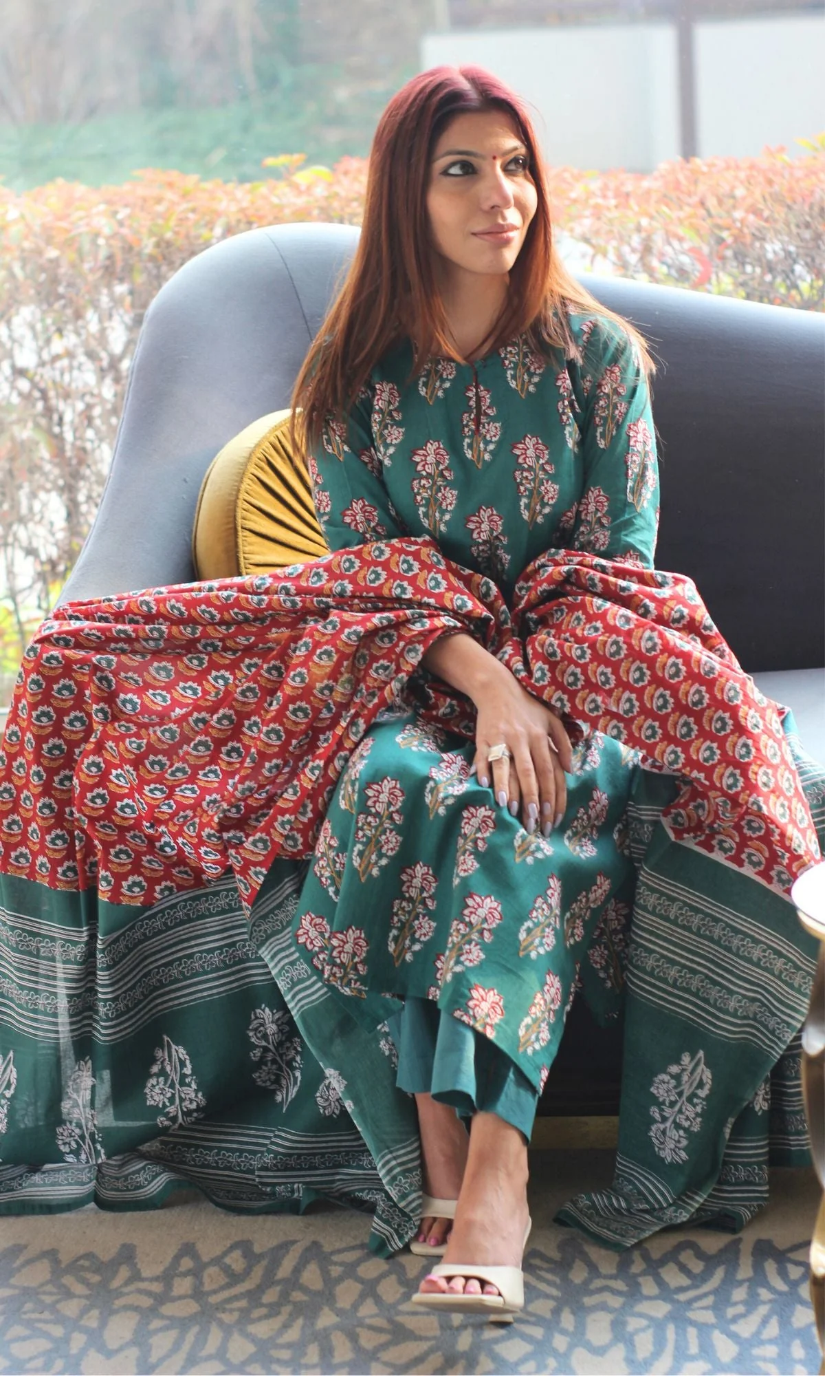 Cotton Sanganeri Print Green Suit Set with Printed Cotton Dupatta - Image 7