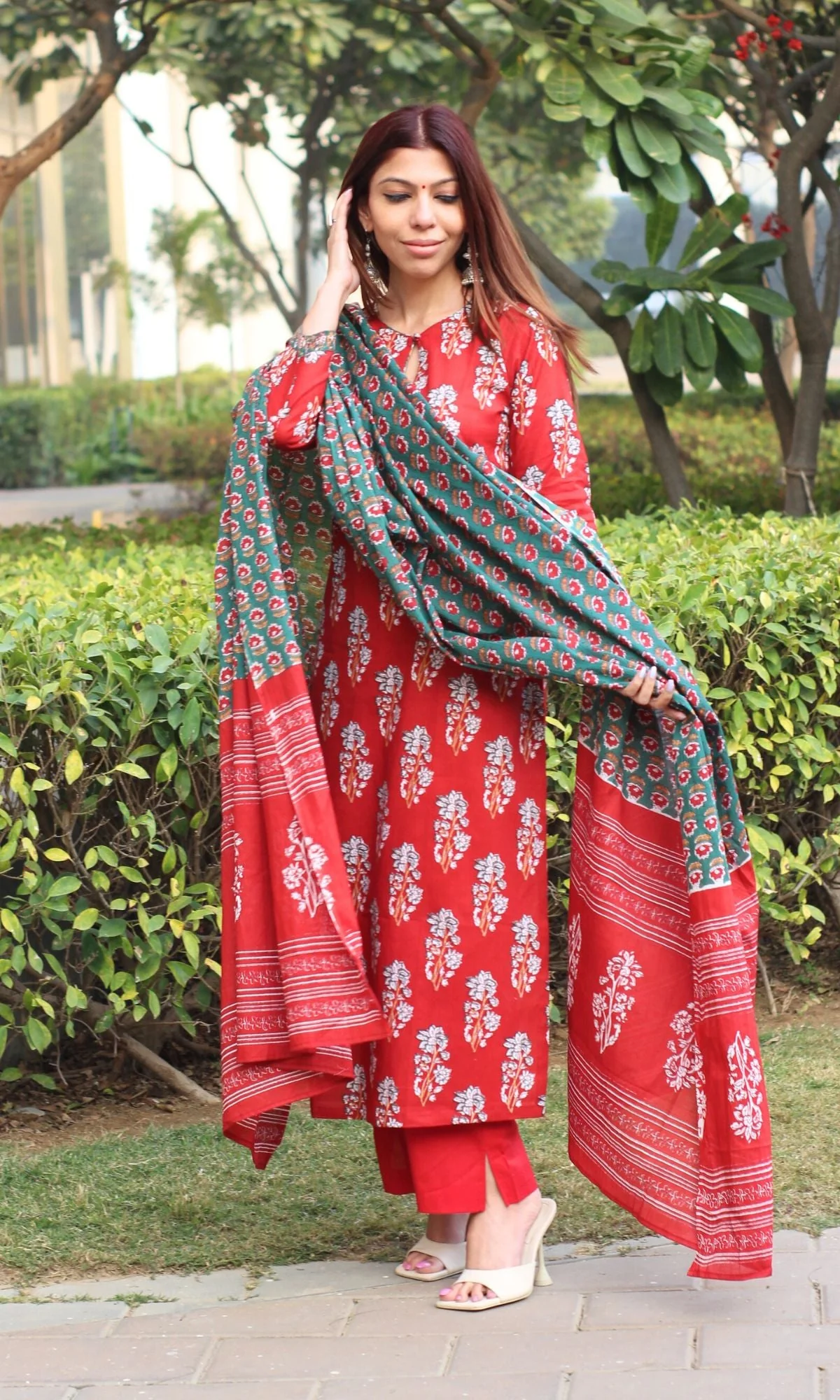 Cotton Sanganeri Print Red Suit Set with Printed Cotton Dupatta - Image 3