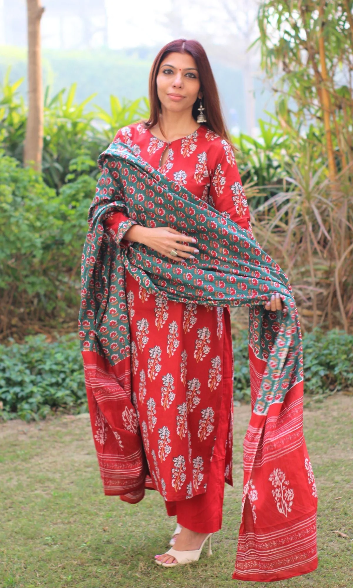 Cotton Sanganeri Print Red Suit Set with Printed Cotton Dupatta - Image 4