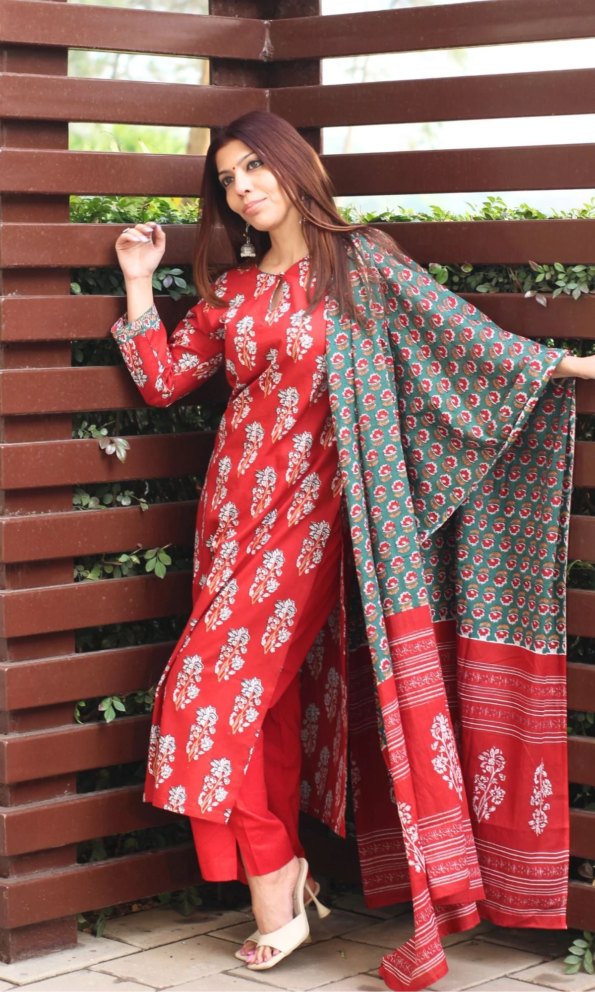 Cotton Sanganeri Print Red Suit Set with Printed Cotton Dupatta - Image 5