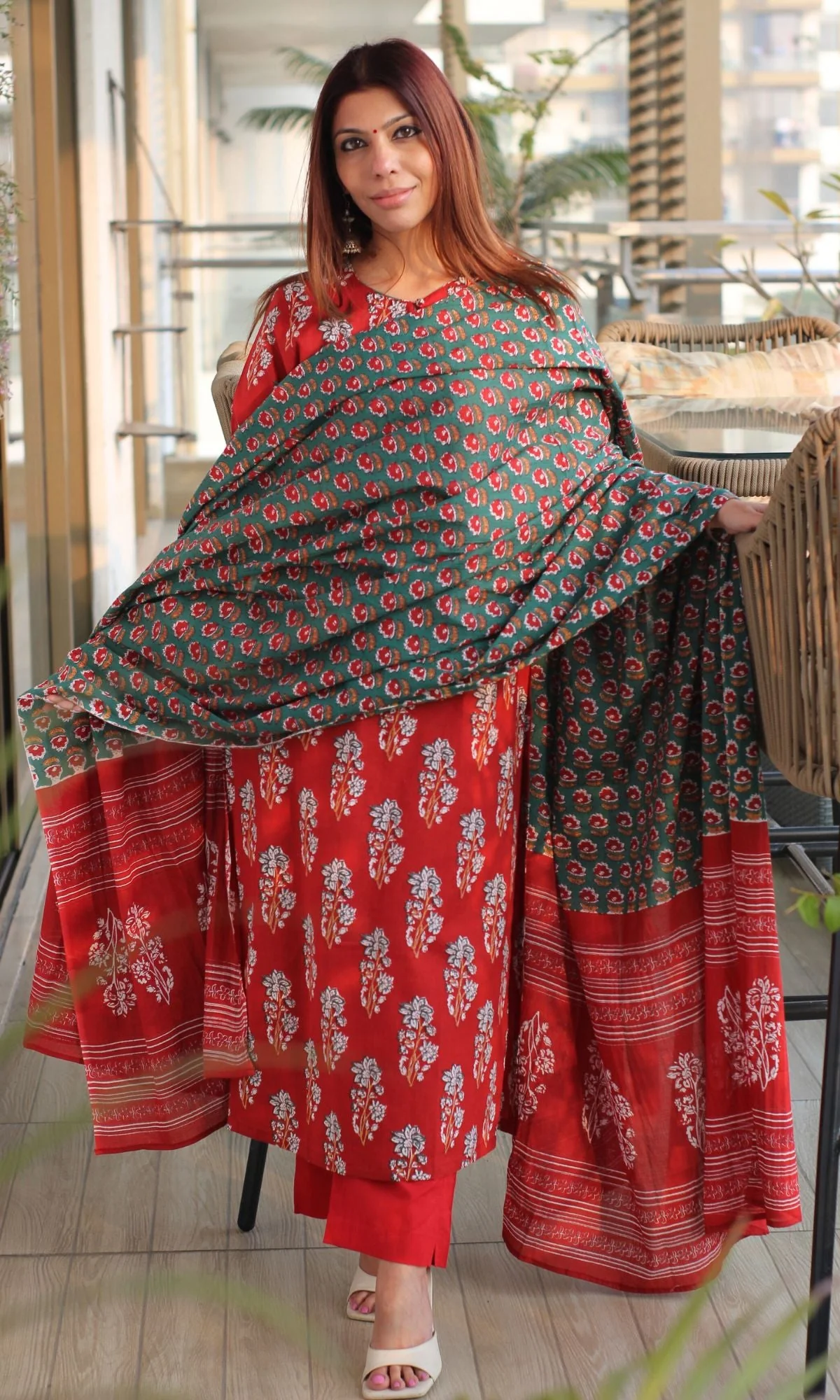 Cotton Sanganeri Print Red Suit Set with Printed Cotton Dupatta - Image 7