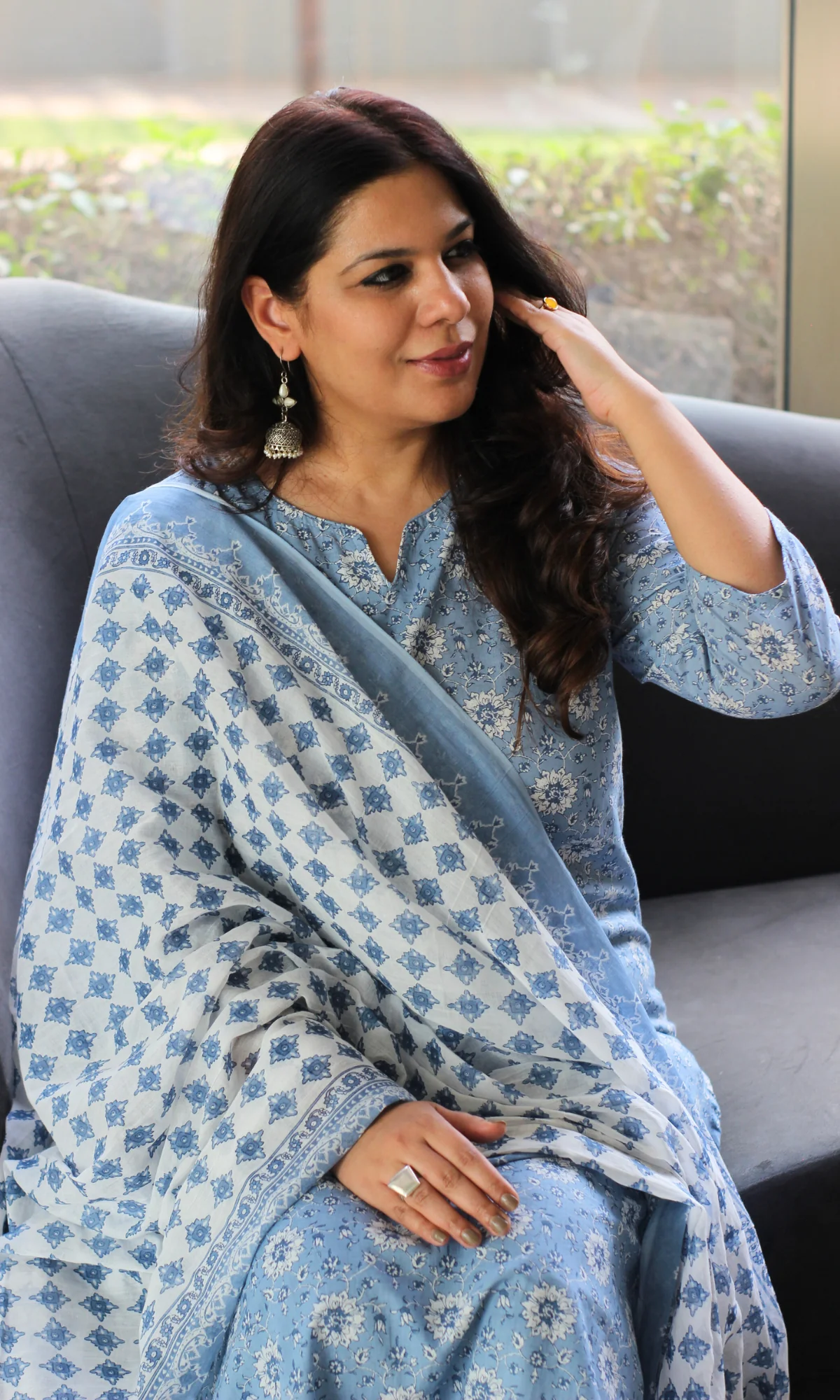 Cotton Sky Blue Printed Kurta, Pant & Cotton Printed Dupatta - Image 2