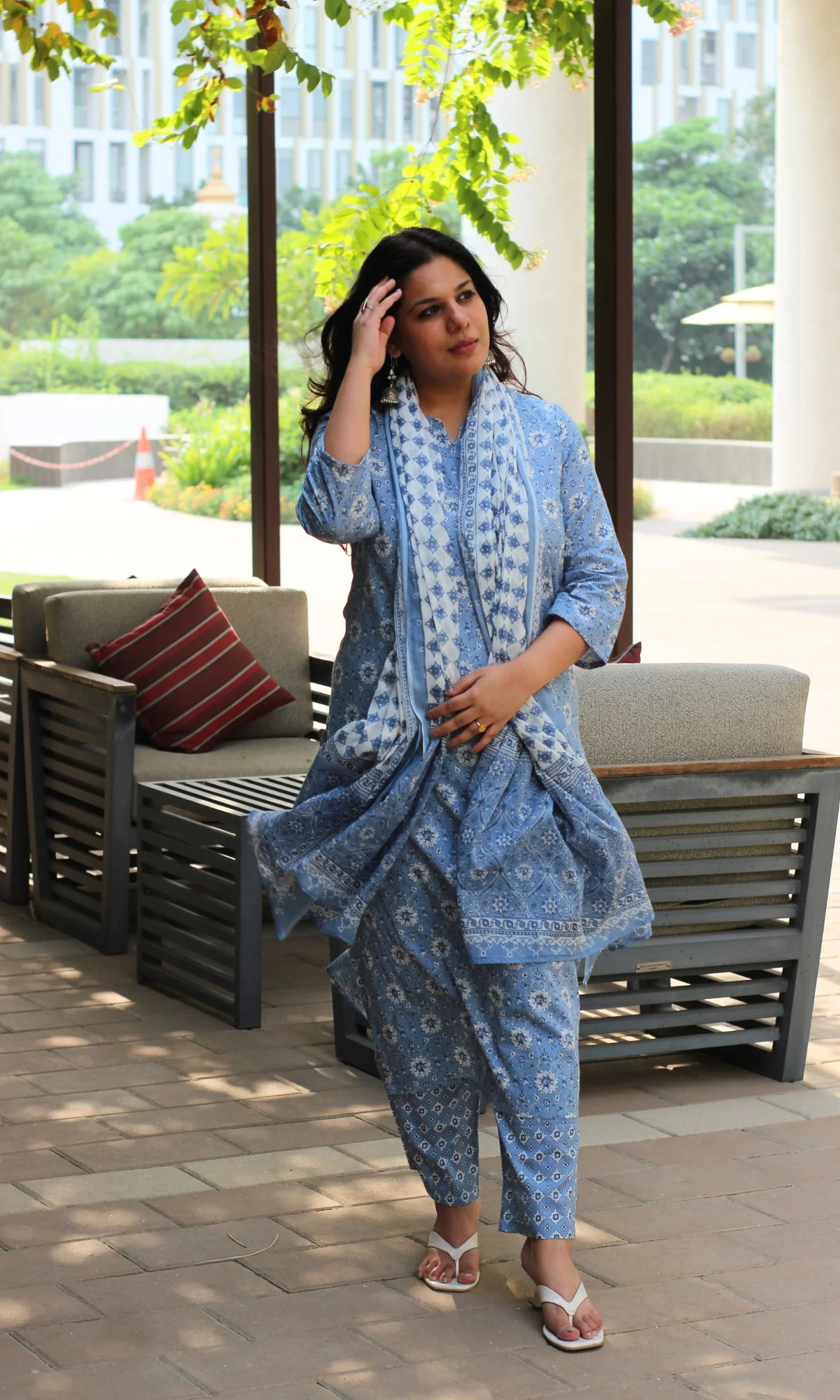 Cotton Sky Blue Printed Kurta, Pant & Cotton Printed Dupatta - Image 3