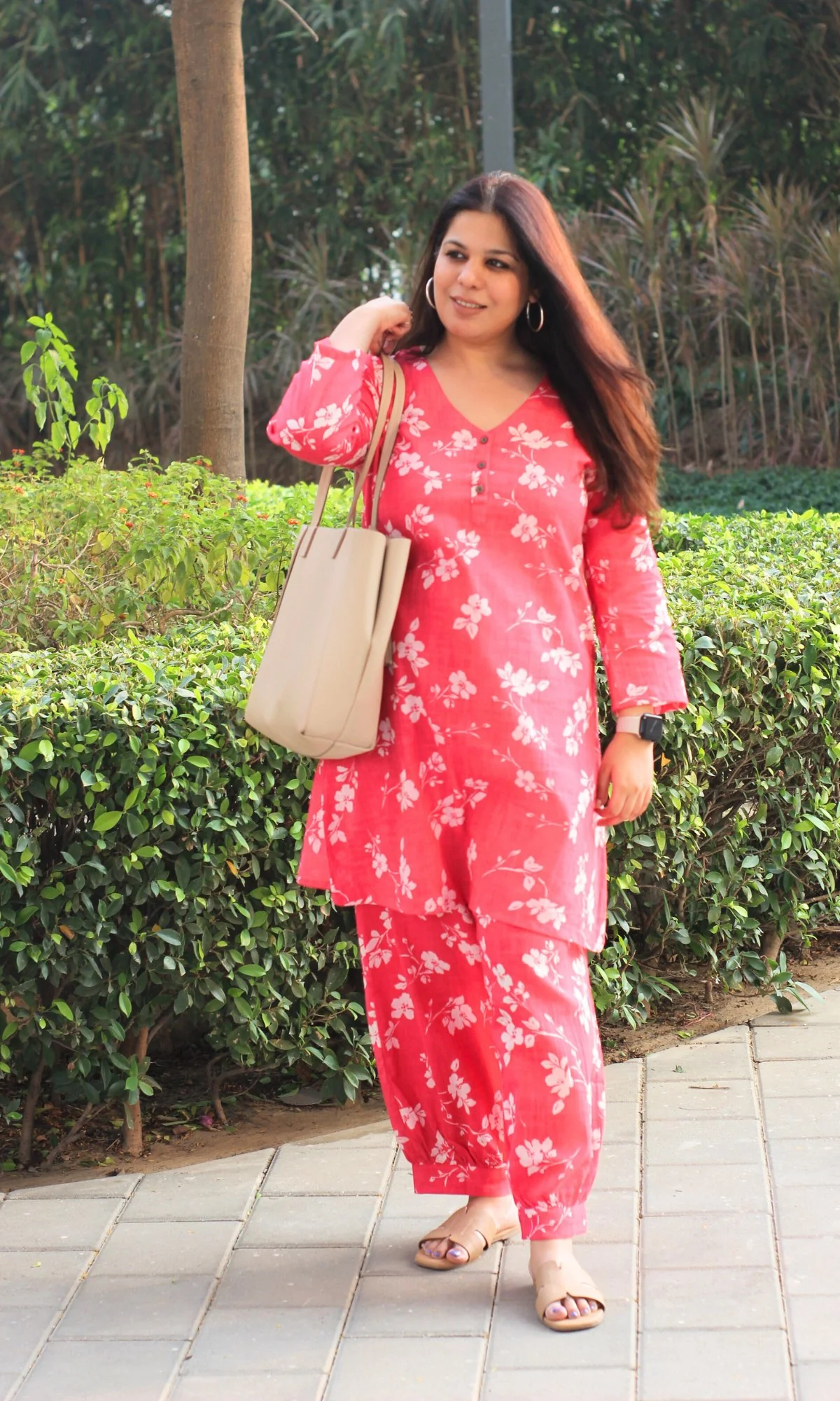 Cotton Slub Bright Pink A Line Kurta with Pathani Pants