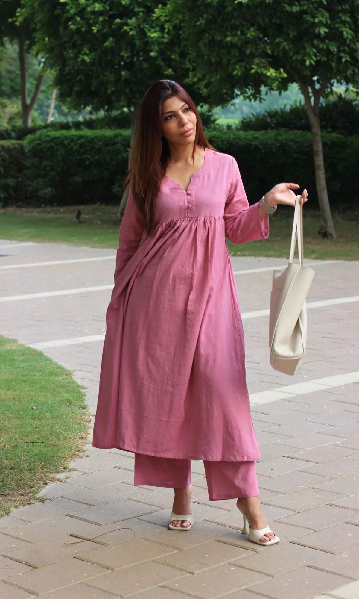 Cotton Slub Onion Pink Pleated Coord Set - Image 5
