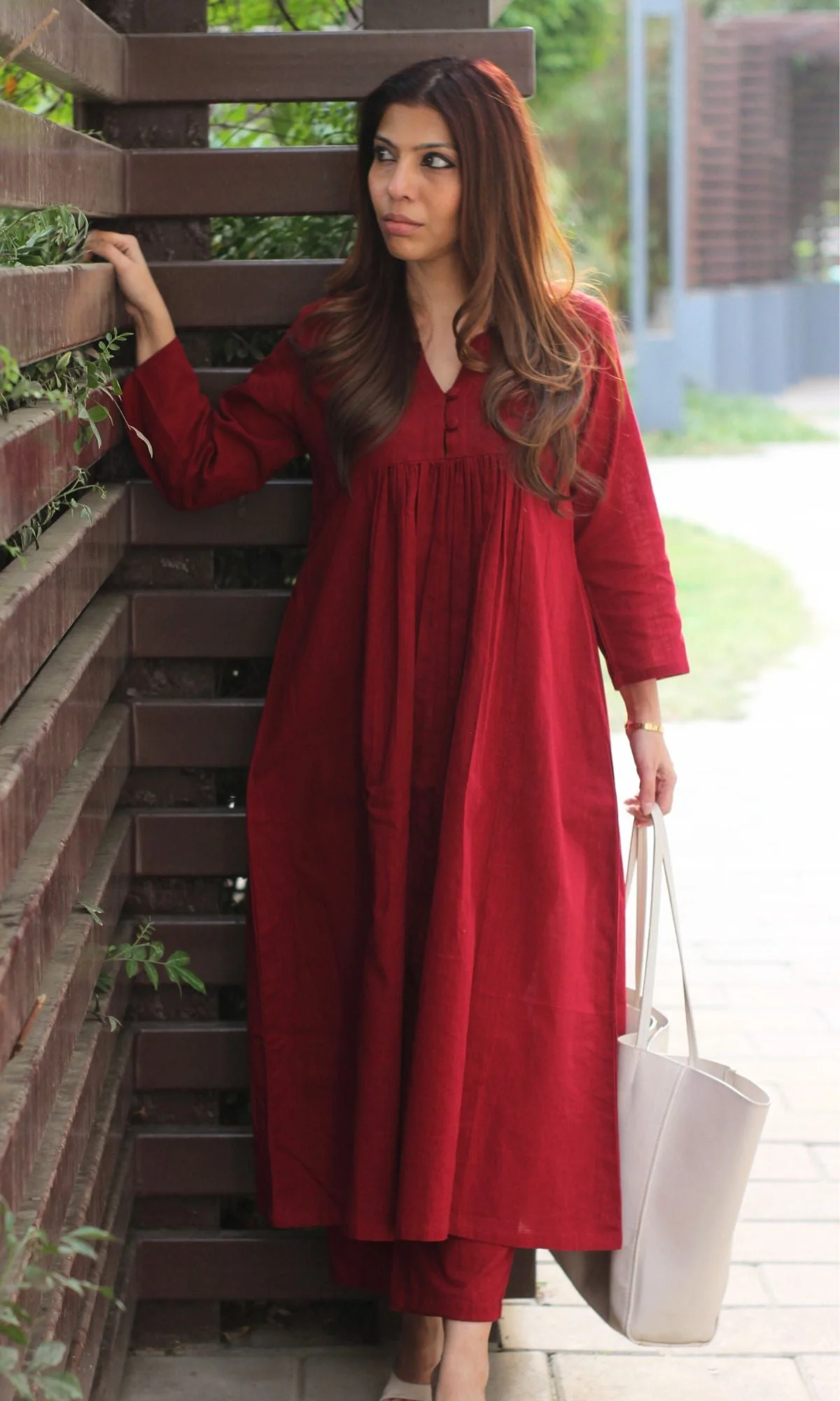 Cotton Slub Pleated Buttoned Maroon Coord Set - Image 2