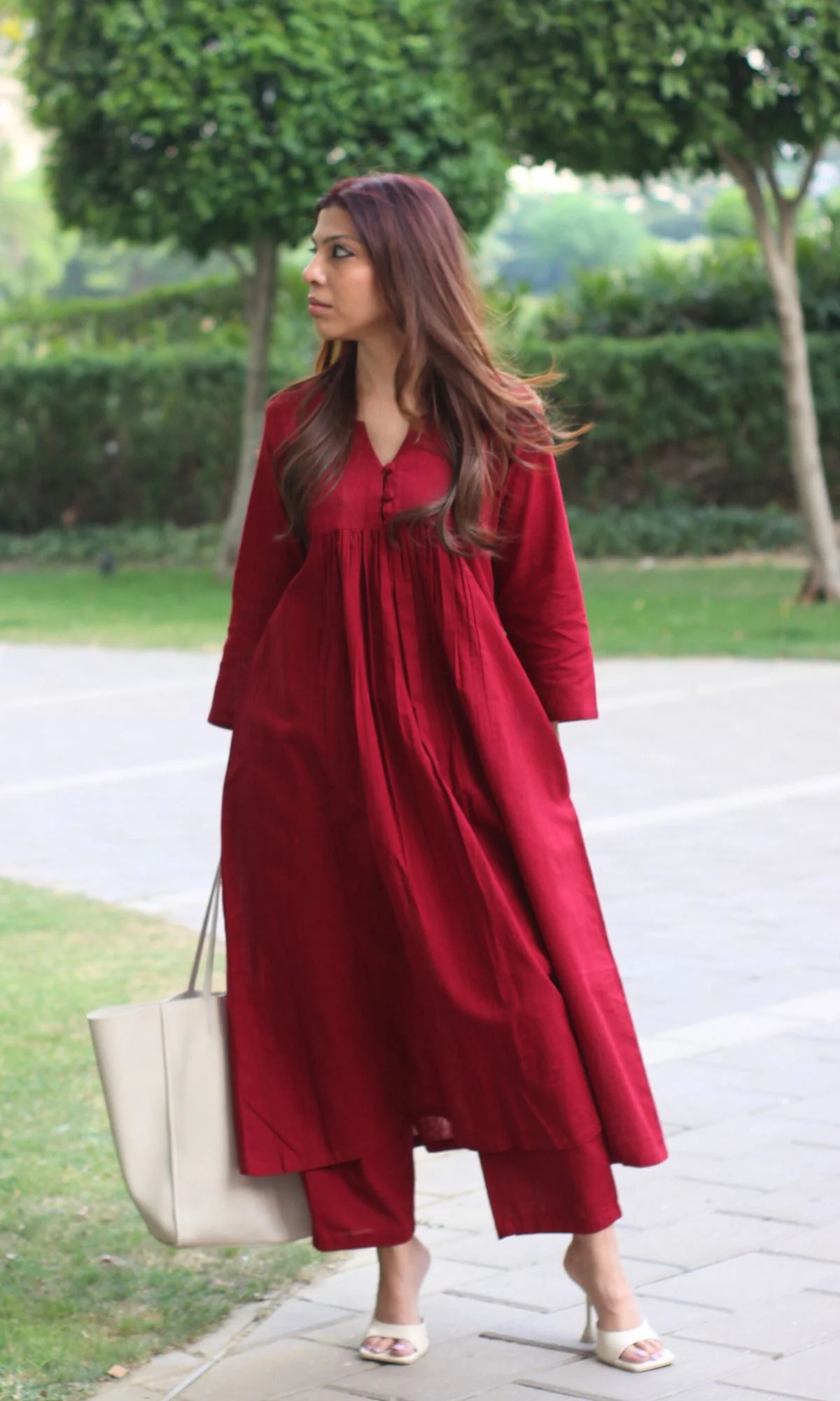 Cotton Slub Pleated Buttoned Maroon Coord Set - Image 3