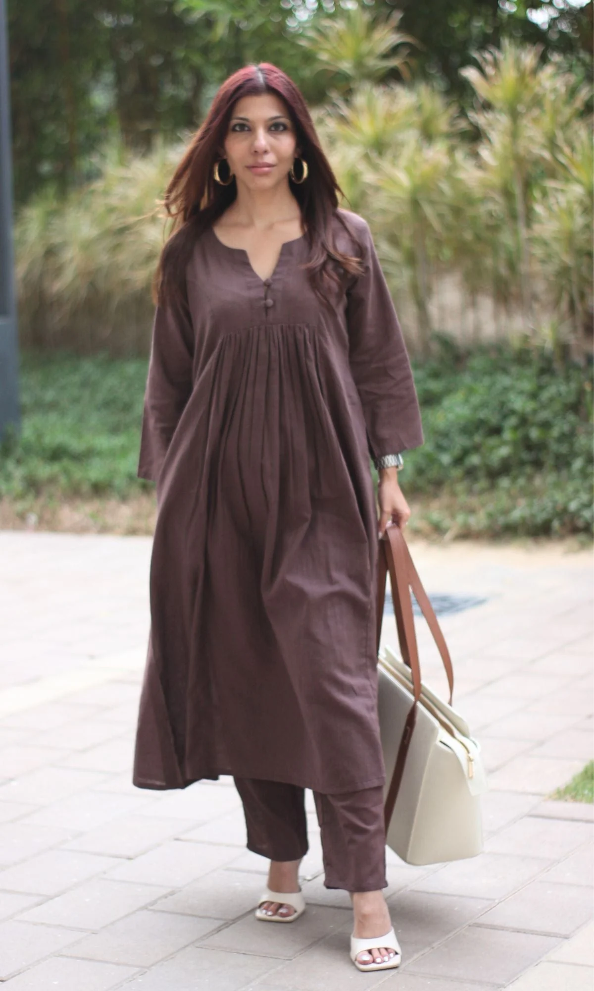 Cotton Slub Pleated Buttoned Mocha Brown Coord Set - Image 2