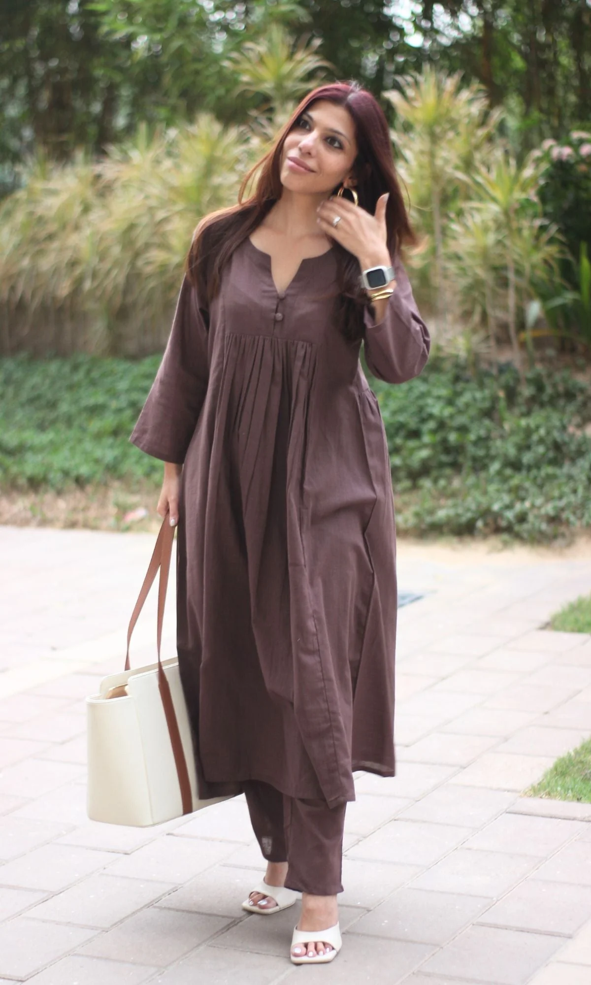 Cotton Slub Pleated Buttoned Mocha Brown Coord Set - Image 4