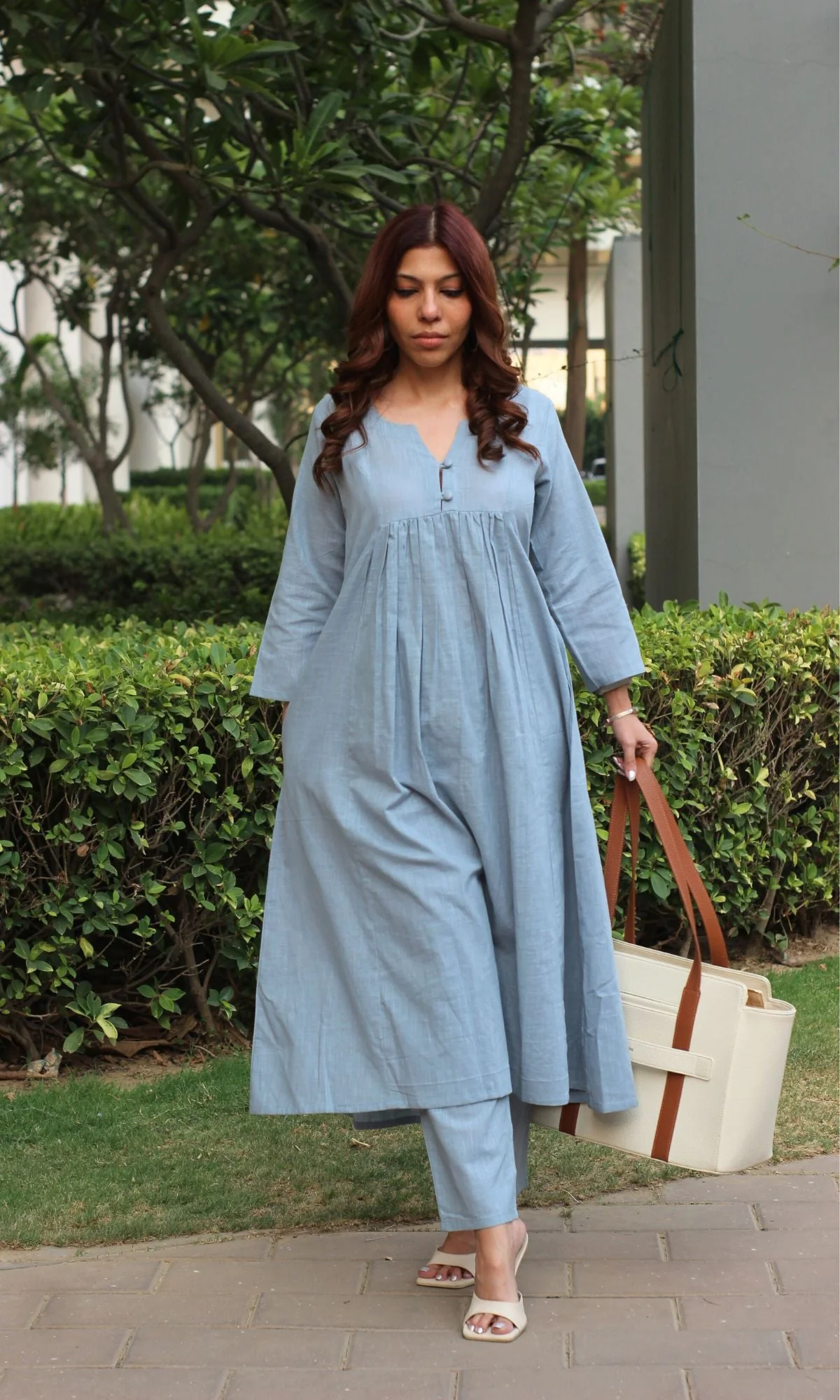 Cotton Slub Pleated Buttoned Steel Blue Coord Set - Image 3