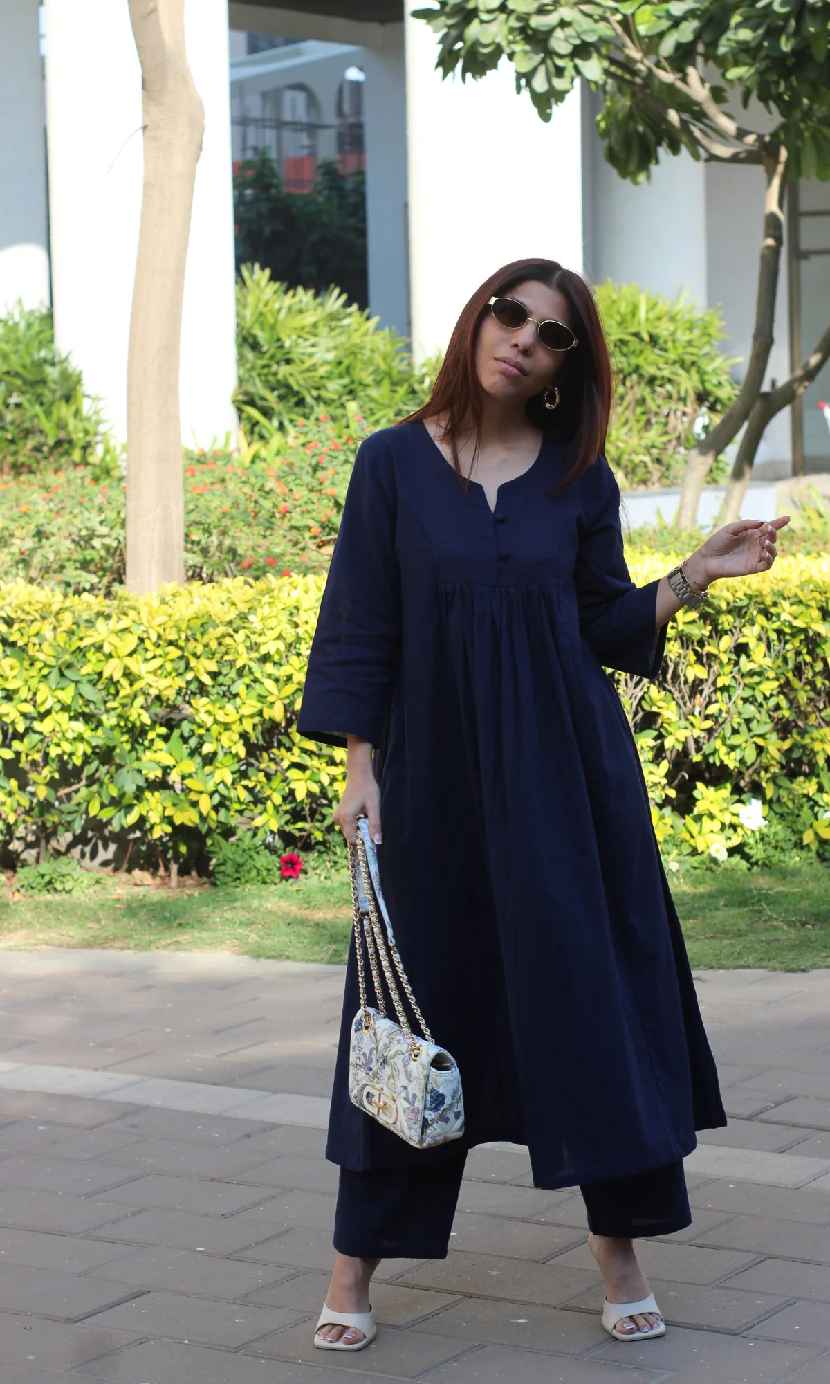 Cotton Slub Pleated Navy Blue Co-ord Set - Image 2