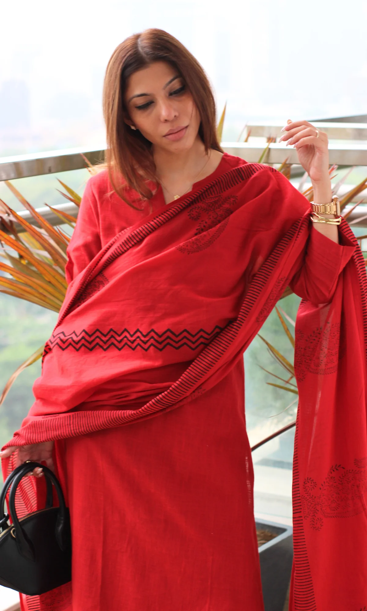 Cotton Slub Rose Red Suit with Mul Line Wave Dupatta - Image 2