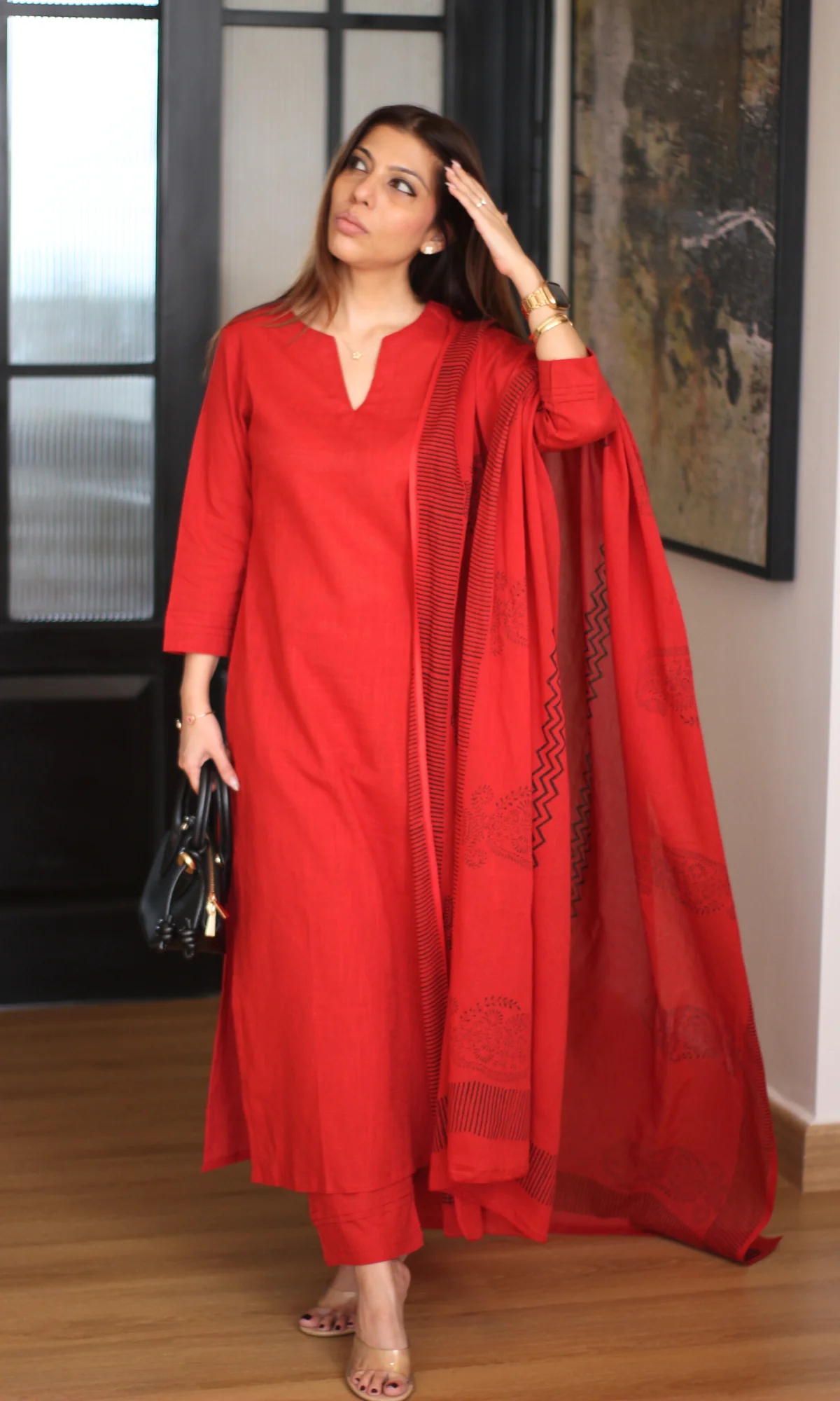 Cotton Slub Rose Red Suit with Mul Line Wave Dupatta - Image 3