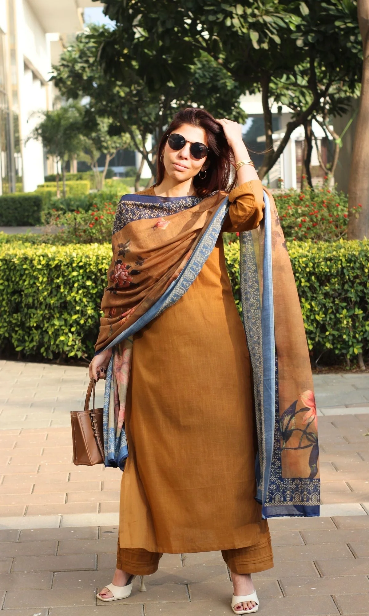 Cotton Slub Solid Copper Suit with Mul Printed Dupatta - Image 5