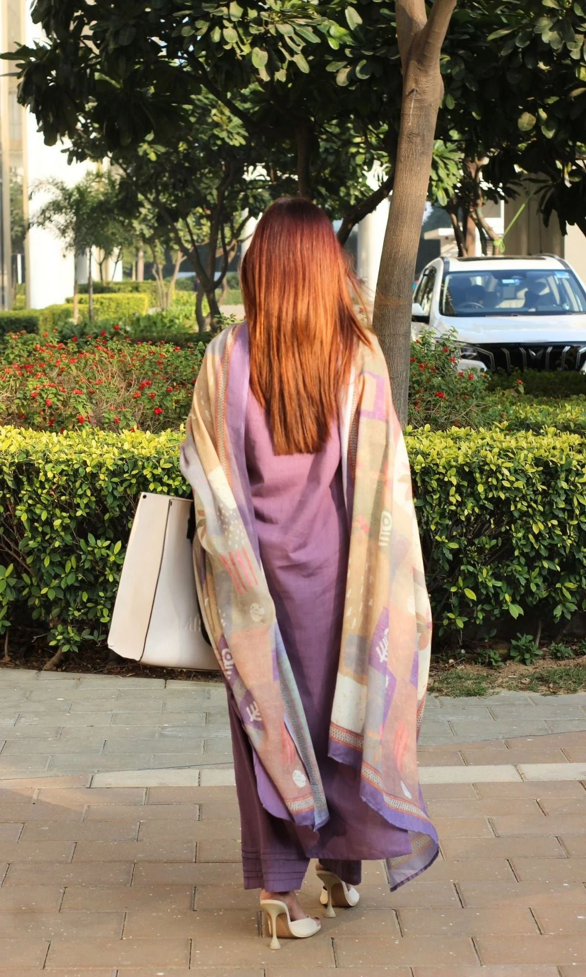 Cotton Slub Solid Mauve Suit with Printed Mul Dupatta - Image 5
