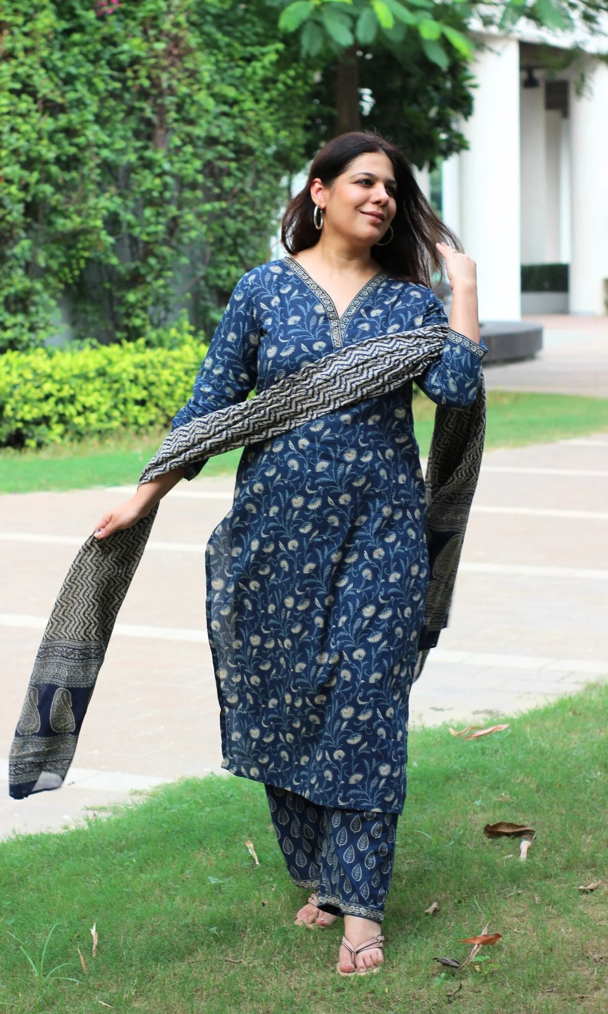Cotton Space Blue Bel Print Suit Set with Cotton Printed Dupatta - Image 6