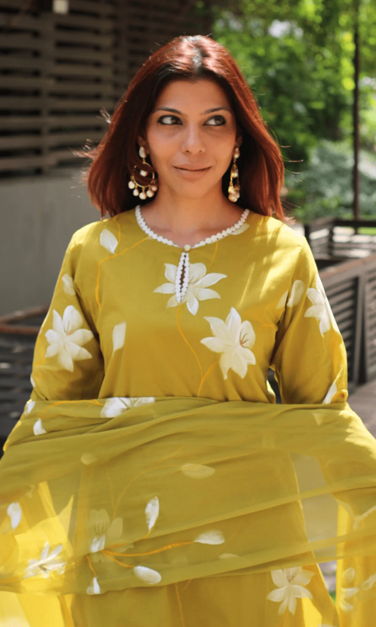 Cotton Sun Olive Hand Brush Painted Suit with Chiffon Handpainted Dupatta - Image 2