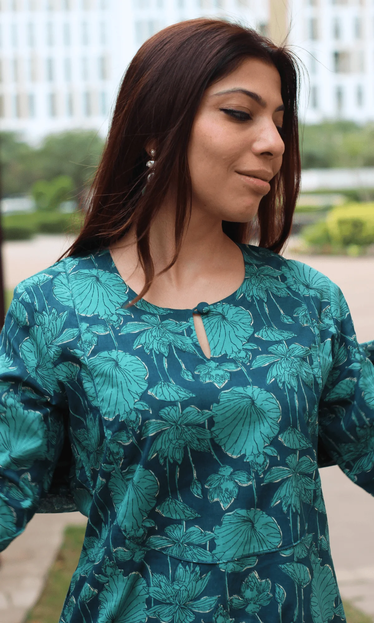 Cotton Teal Floral Print Suit with Cotton Printed Dupatta - Image 5
