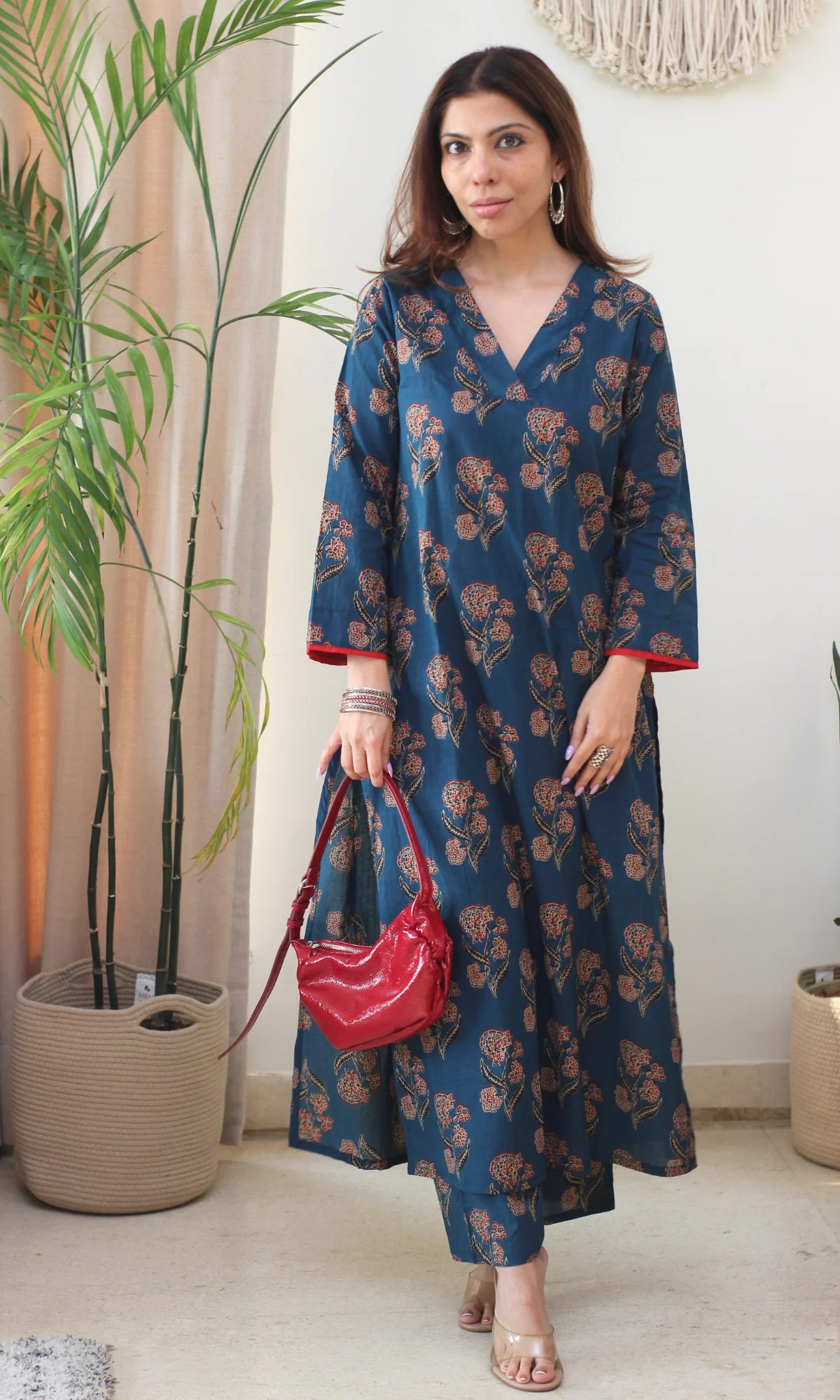 Cotton Teal & Red Boota Kurta & Pants - Image 3