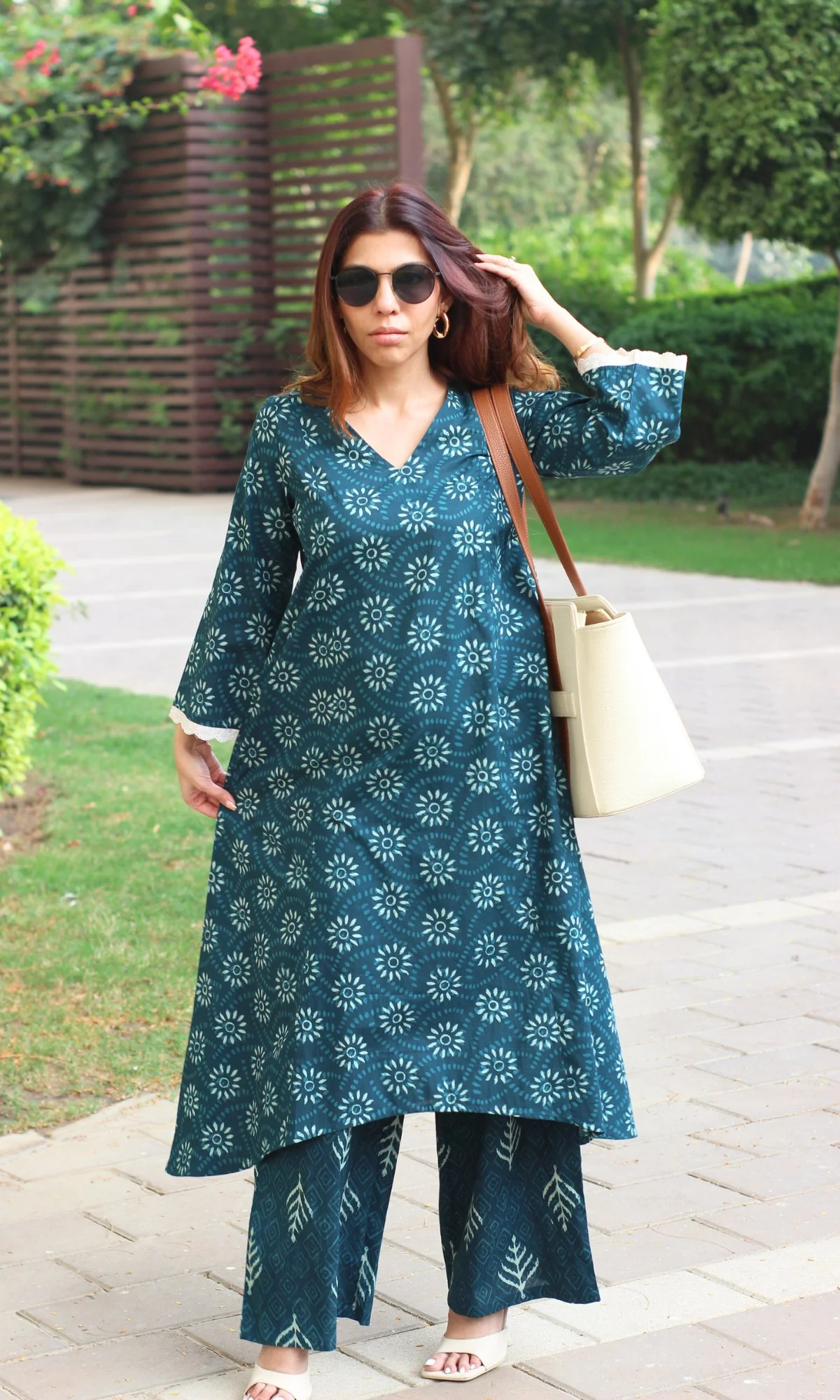 Cotton Teal Sunflower Print High Low A line Kurta & Palazzo - Image 3