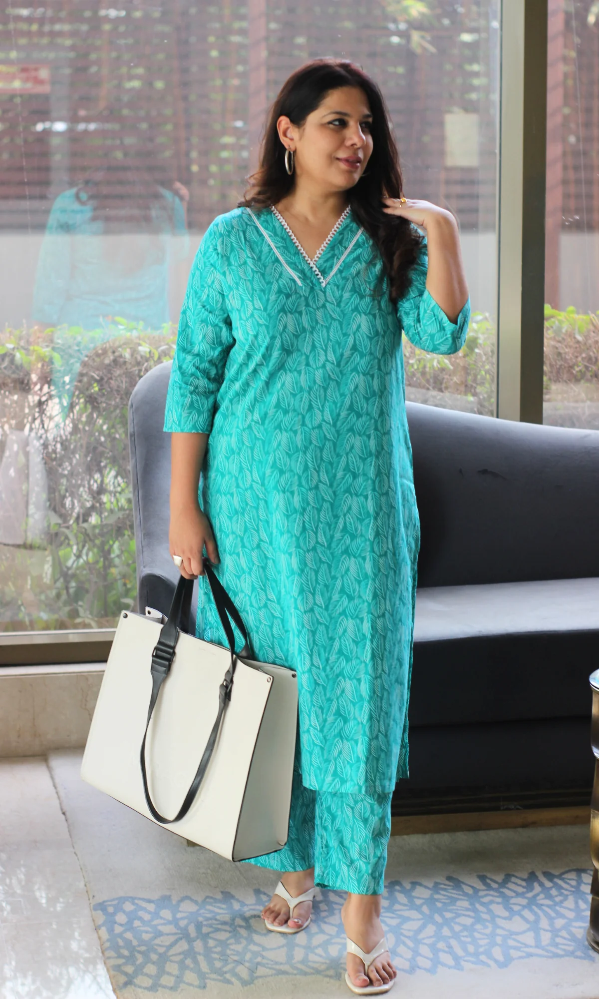 Cotton Tropical Teal Laced Kurta & Pant Co-ord - Image 2