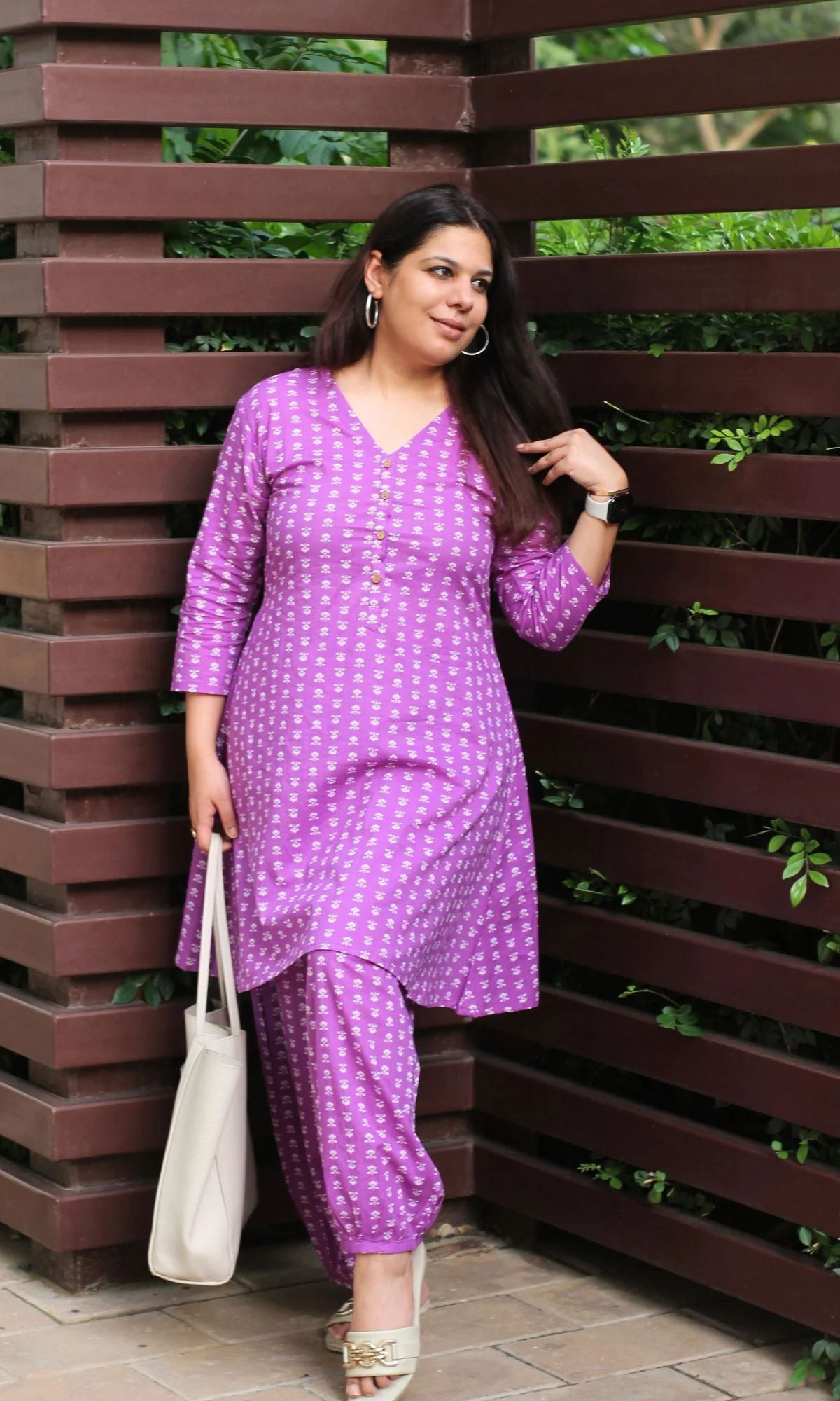 Cotton Violet Boota Print A-Line Kurta with Pathani Pants - Image 2