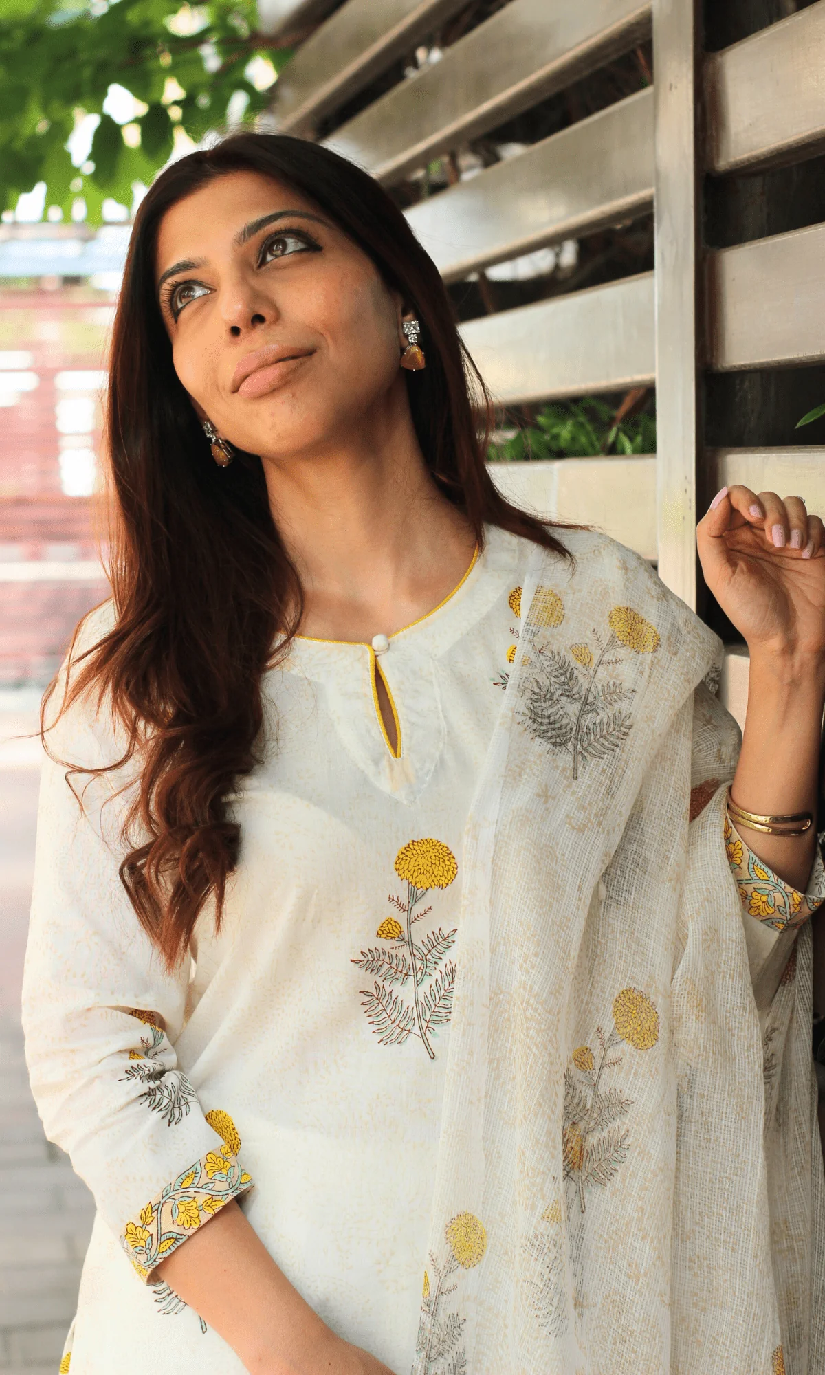 Cotton White Handblock Marigold Print Suit with Kota Doria Handblock Print Dupatta