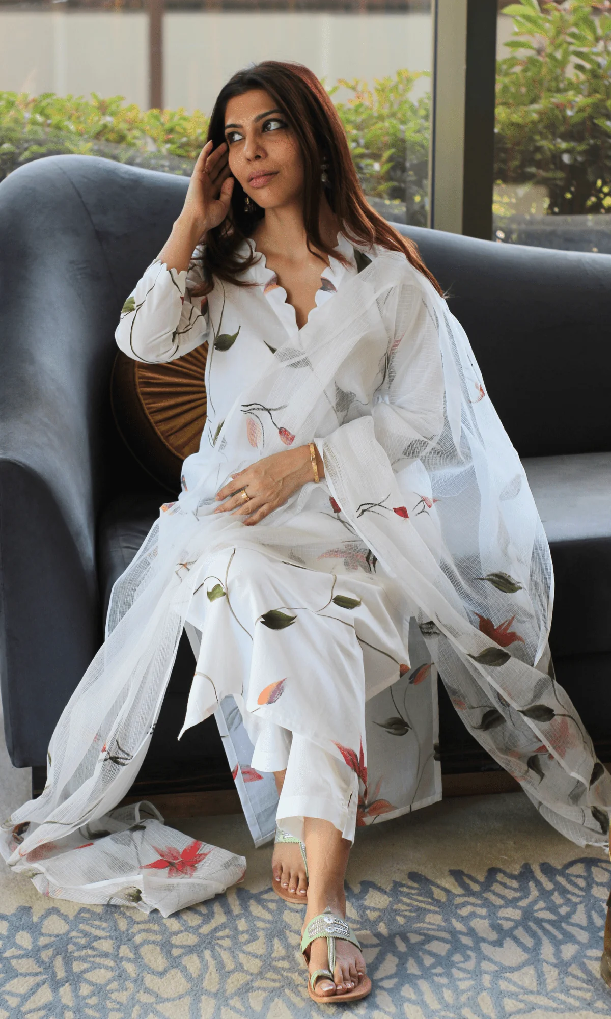 Cotton White Lily Handbrush Painted Suit with Kota doria Handpainted Dupatta - Image 2